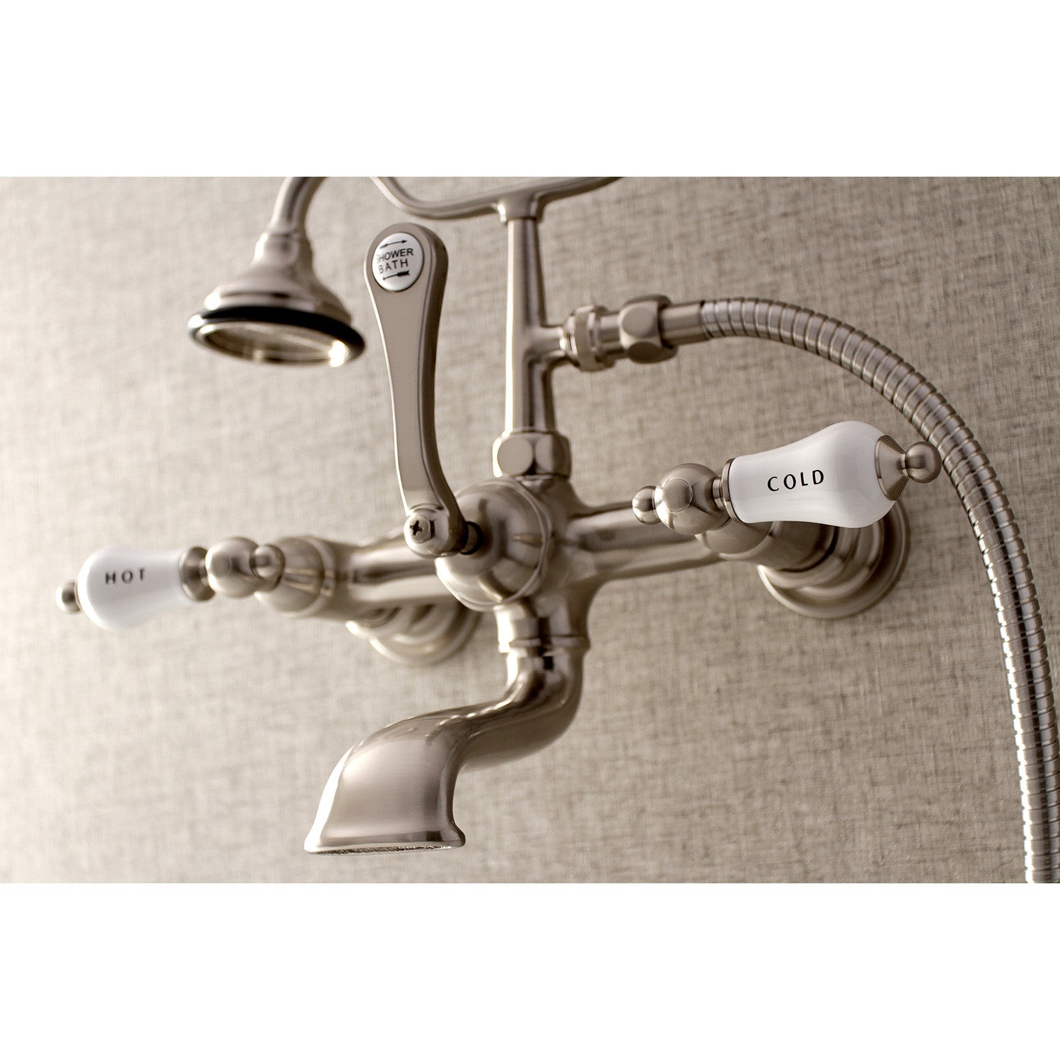 Vintage Clawfoot Tub Faucet with Hand Shower - 3 Handle 2 Hole Wall Mount Brushed Nickel Bathroom Fixture for Antique & Modern Bathrooms