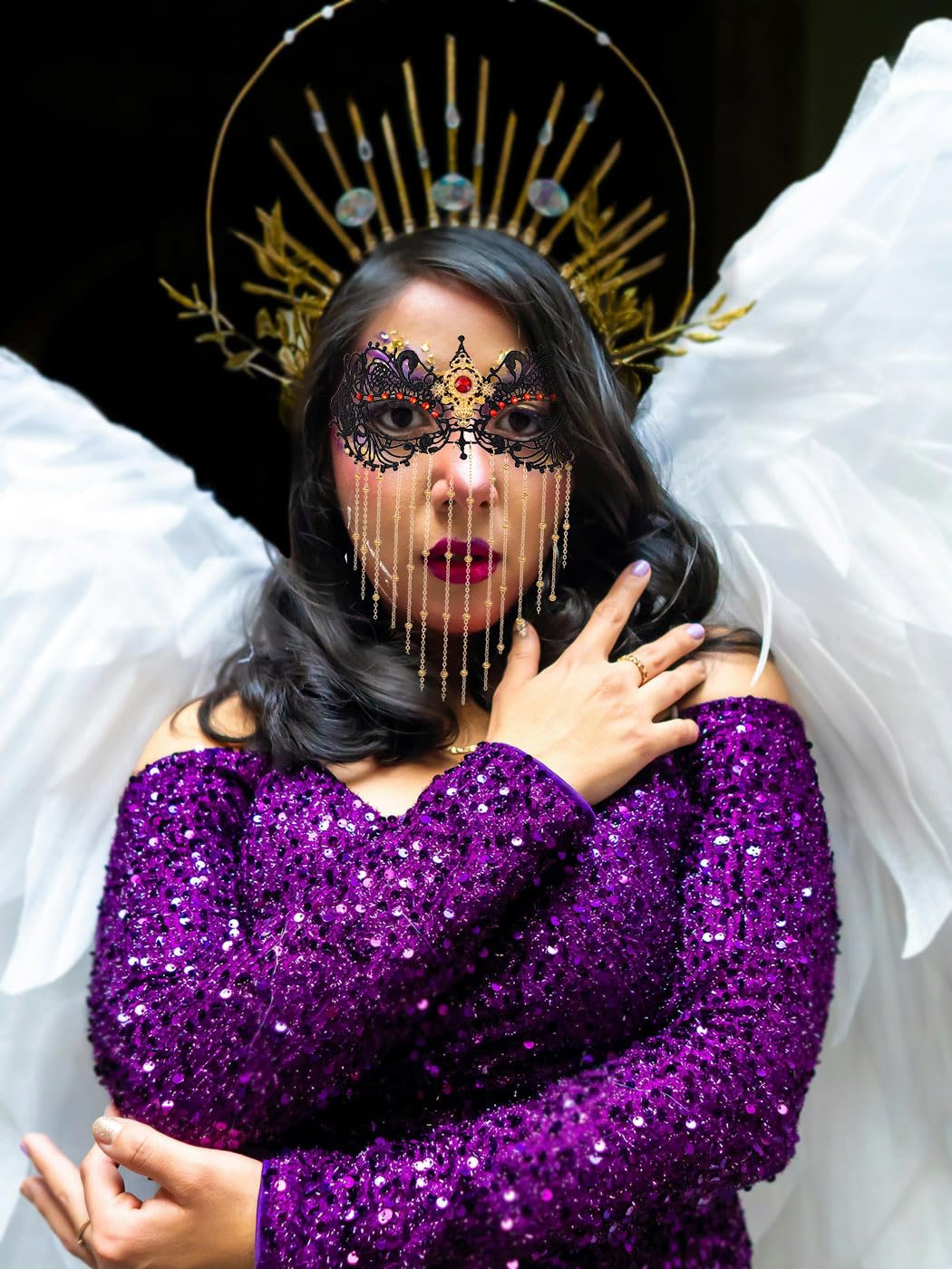 Elegant Rhinestone Masquerade Mask with Tassel & Beaded Details - Crystal Lace Costume Mask for Women | Perfect for Mardi Gras, Halloween Parties & Venetian Balls