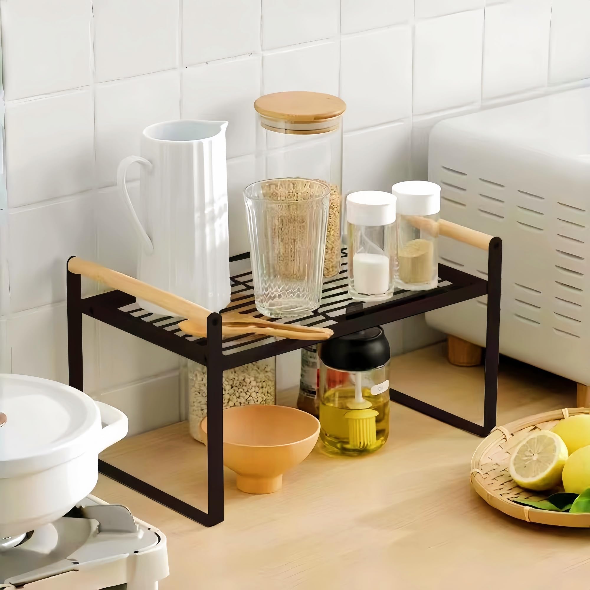 TIEYIPIN Cabinet Organizer Shelf - Kitchen Counter Storage Rack with Wooden Handle, 2-Tier Iron Wire Shelf for Bowls, Dishes & Spices - Space Saving Organizer for Pantry, Bathroom or Office (Black, 1 Pack)