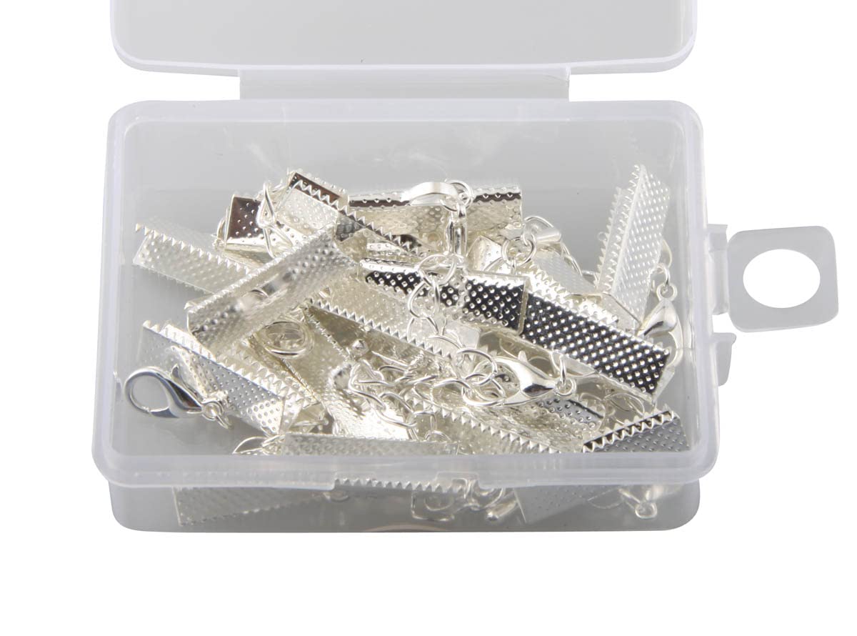 1Box 16mm Silver Ribbon End Clamp Crimps with Lobster Clasp & Extension Chain - DIY Jewelry Making Supplies for Bracelets, Necklaces & Craft Projects (Includes Storage Container)