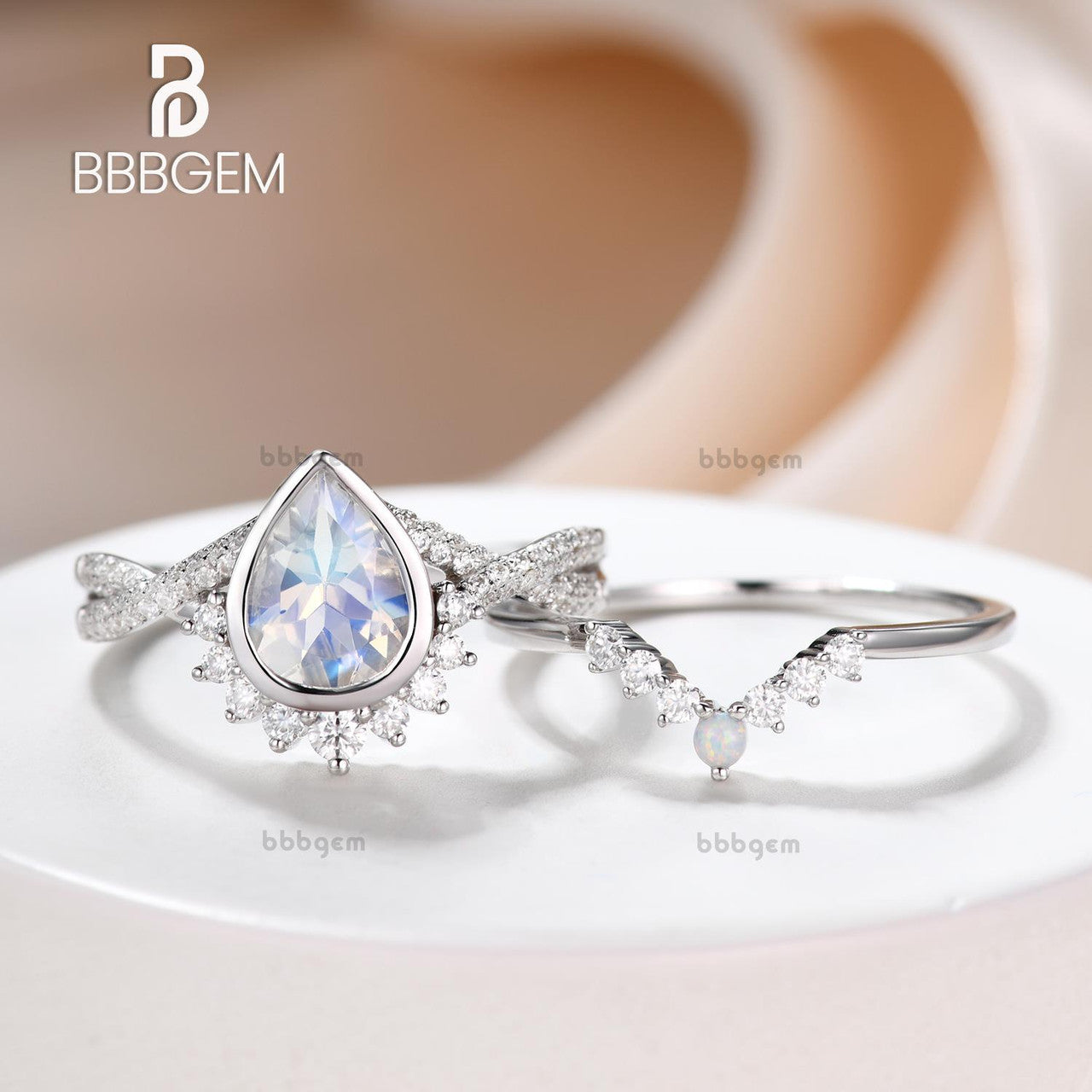 Vintage Moonstone Engagement Ring Set - Pear Shaped Stone with Twisted Band for Wedding, Proposal & Anniversary Gifts | Handmade Silver Jewelry for Brides & Couples