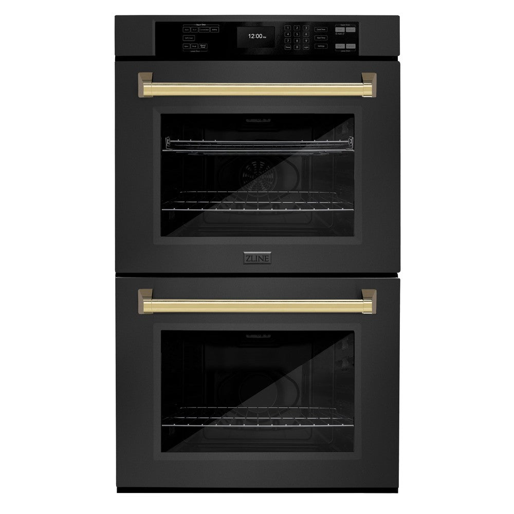 ZLINE Autograph Edition 30 Inch Black Stainless Steel Double Wall Oven with Air Fry & Self Clean - Professional True Convection Oven with Polished Gold Handles (WADBZ 30 G) - Perfect for Home Chefs & Modern Kitchens