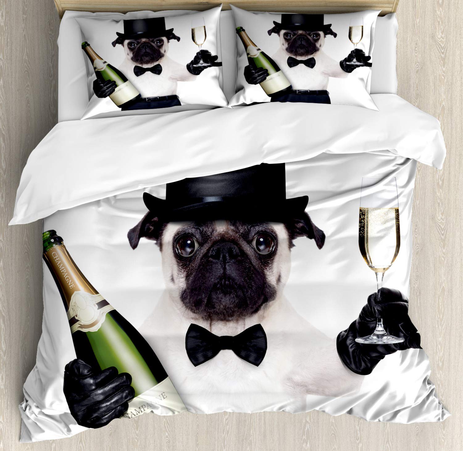 Ambesonne Pug Duvet Cover Set - King Size 2-Pack with 2 Duvet Covers & 4 Pillowcases, Celebration Dog with Champagne Bottle Design in Black White Emerald - Perfect for Dog Lovers' Bedroom Decor and Gift Ideas