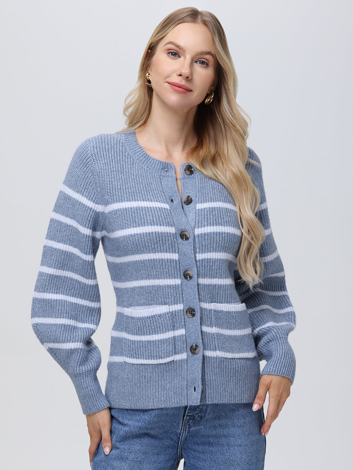 Josie Women's Crewneck Stripe Cardigan Sweater | Soft Knit Long Sleeve Open Front Wrap | Casual Fall Winter Fashion | Perfect for Office, Date Night & Coffee Dates