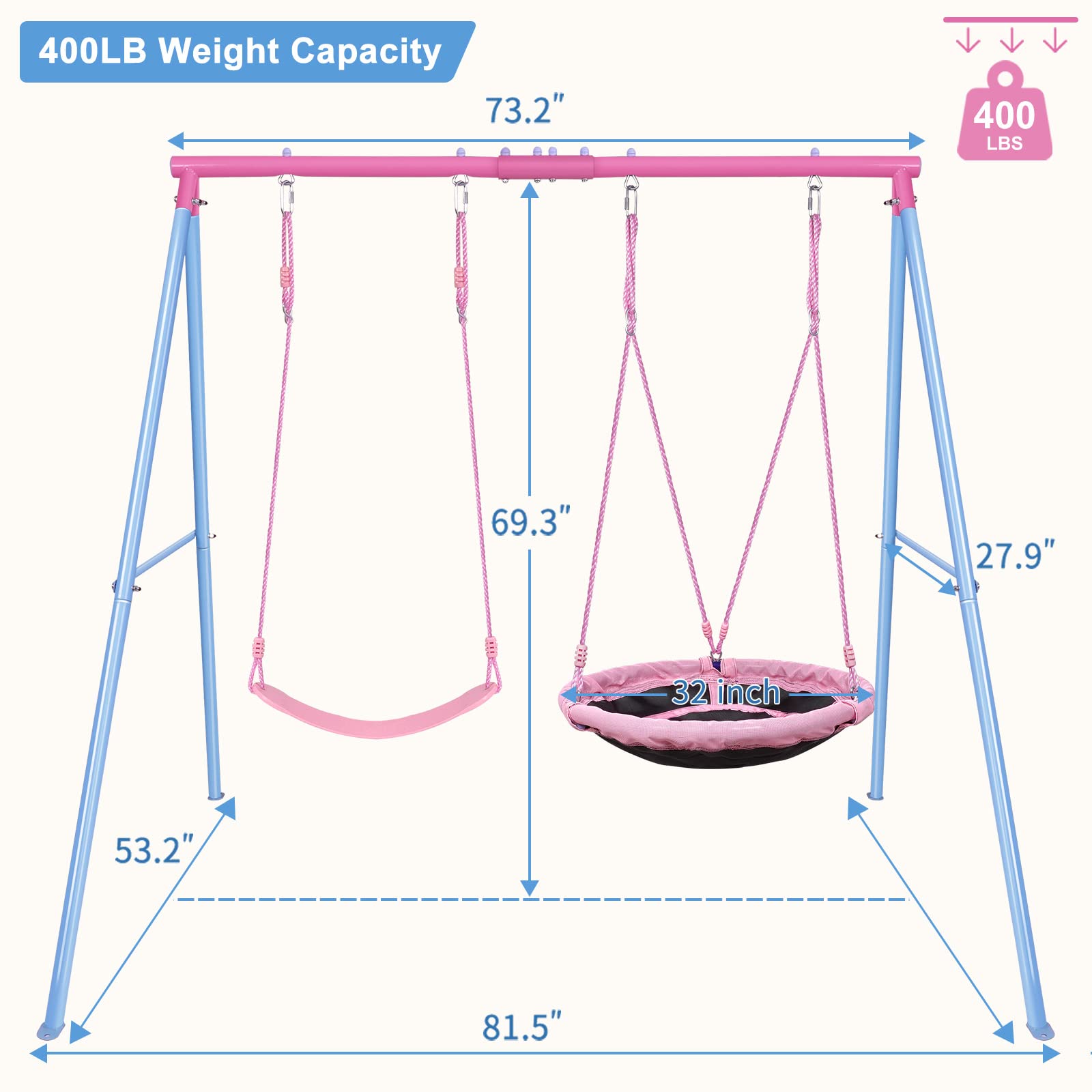 Heavy-Duty A-Frame Metal Swing Set with 440lbs Capacity - Includes 1 Saucer & 1 Belt Swing Seat for Backyard, Playground & Outdoor Fun - Pink Color for Kids' Play Area