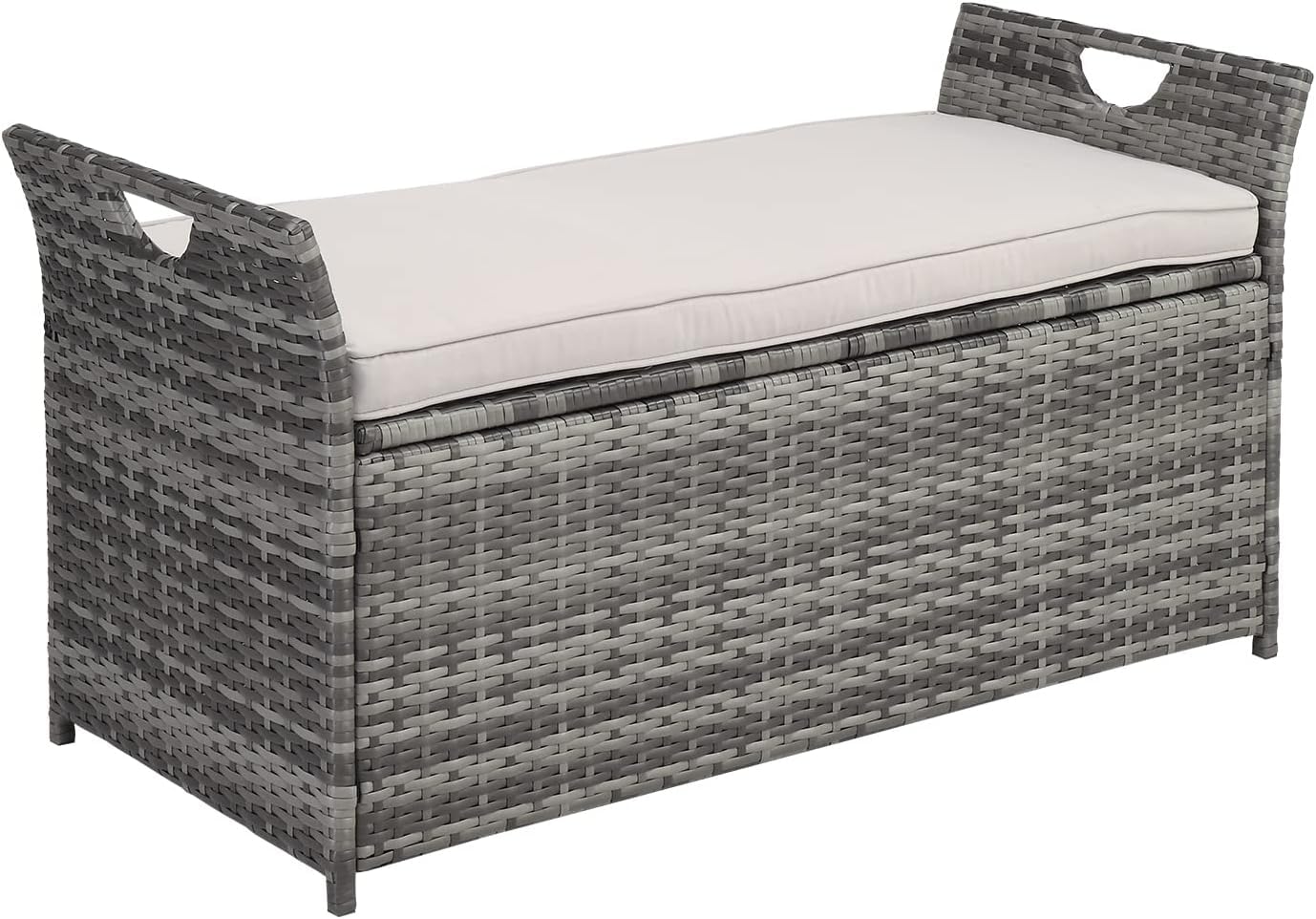 Pvillez PE Rattan Outdoor Storage Bench with Comfy Beige Seat Cushion - 33 Gallon Grey Wicker Deck Storage Box for Patio, Porch, Garden, Balcony - Perfect for Storing Yard Tools, Pool Toys & Outdoor Cushions | Weather-Resistant & Space-Saving Solution