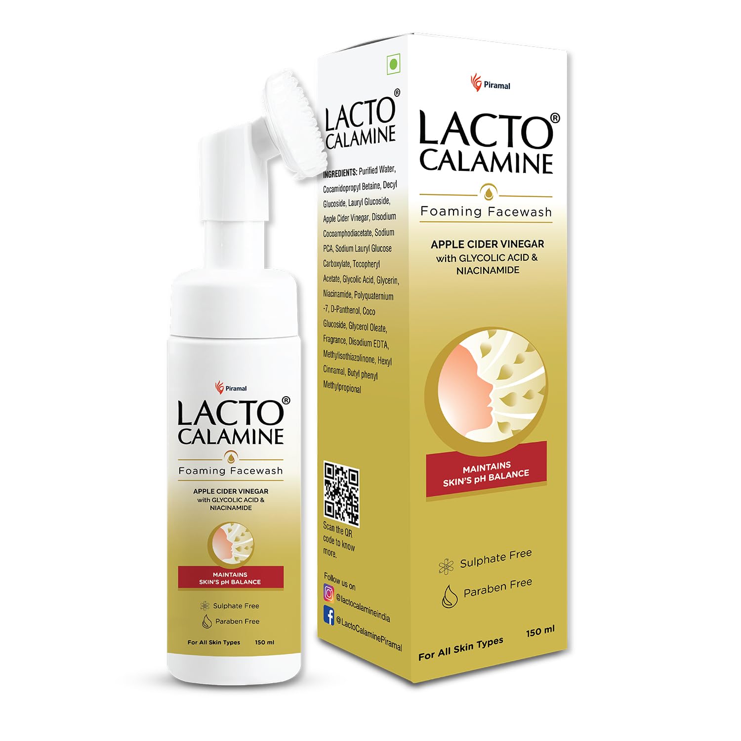 Lacto Calamine Apple Cider Vinegar Foaming Face Wash with Built-in Brush - pH Balancing Cleanser for Bright, Glowing Skin (150ml) | Perfect for Daily Skincare Routine & Acne-Prone Skin