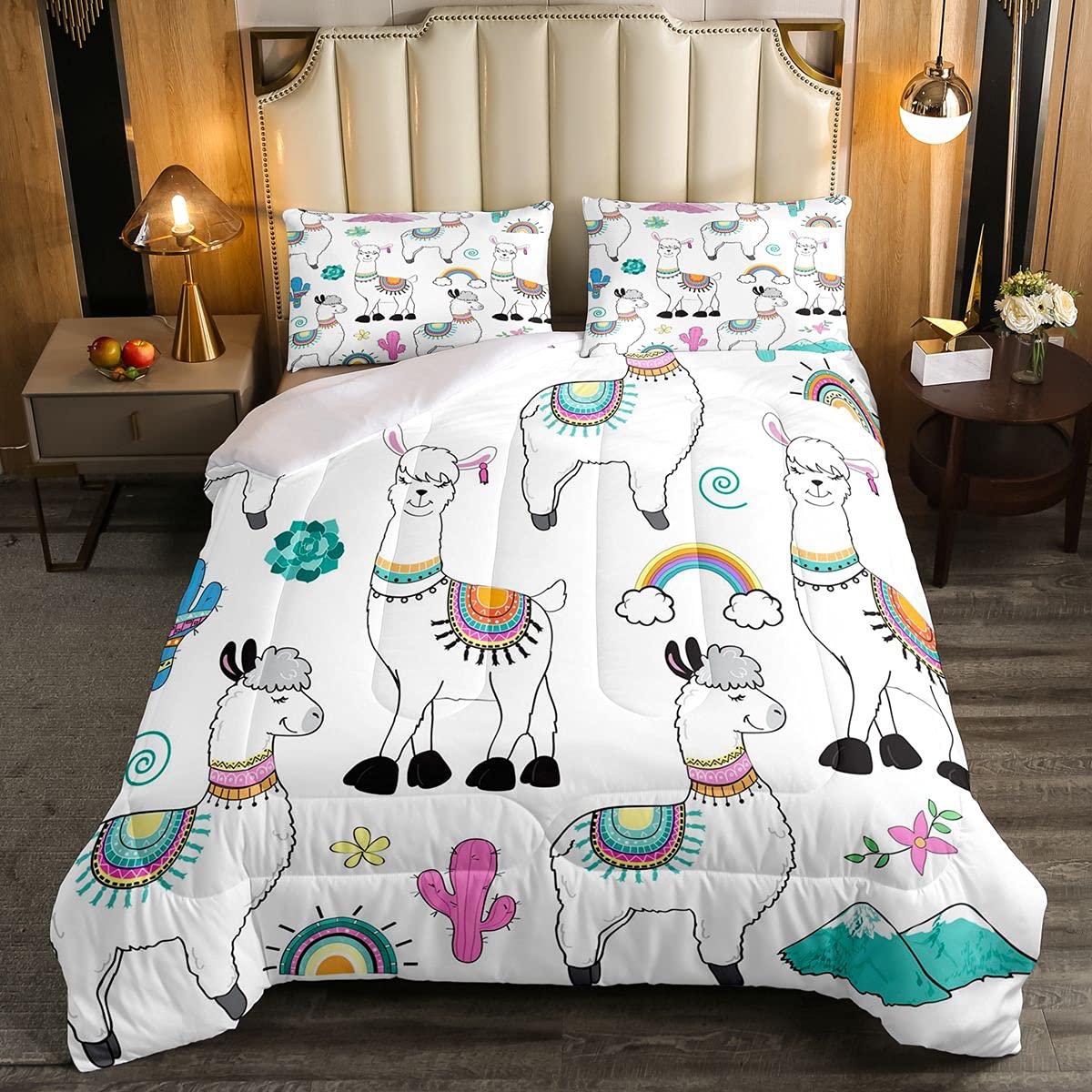Cute Cartoon Llama & Alpaca Comforter Set for Girls - Kids Animal Theme Duvet Cover & Bedding Set, Full Size, Soft Botanical Quilt for Bedroom Decor - Perfect for Kids, Teens & Nursery Room Decorations