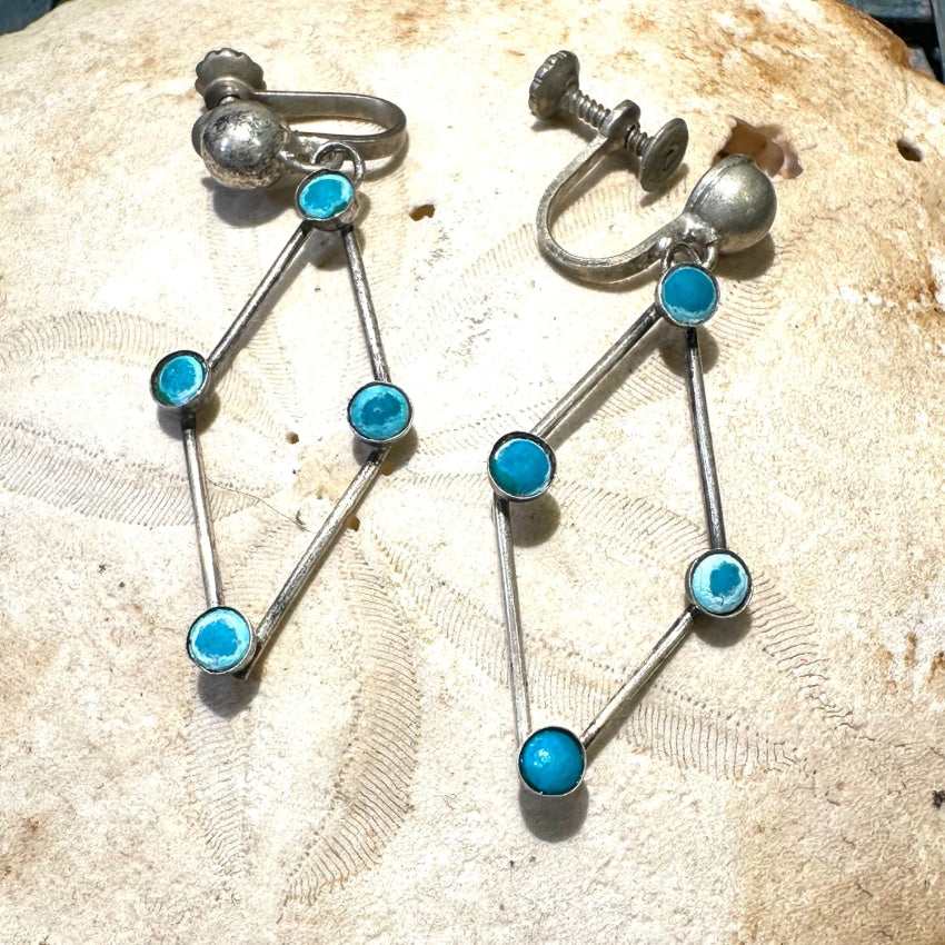Vintage Mexican Sterling Silver & Alpaca Turquoise Diamond Earrings - Handmade Boho Jewelry for Women - Perfect for Parties, Weddings & Special Occasions