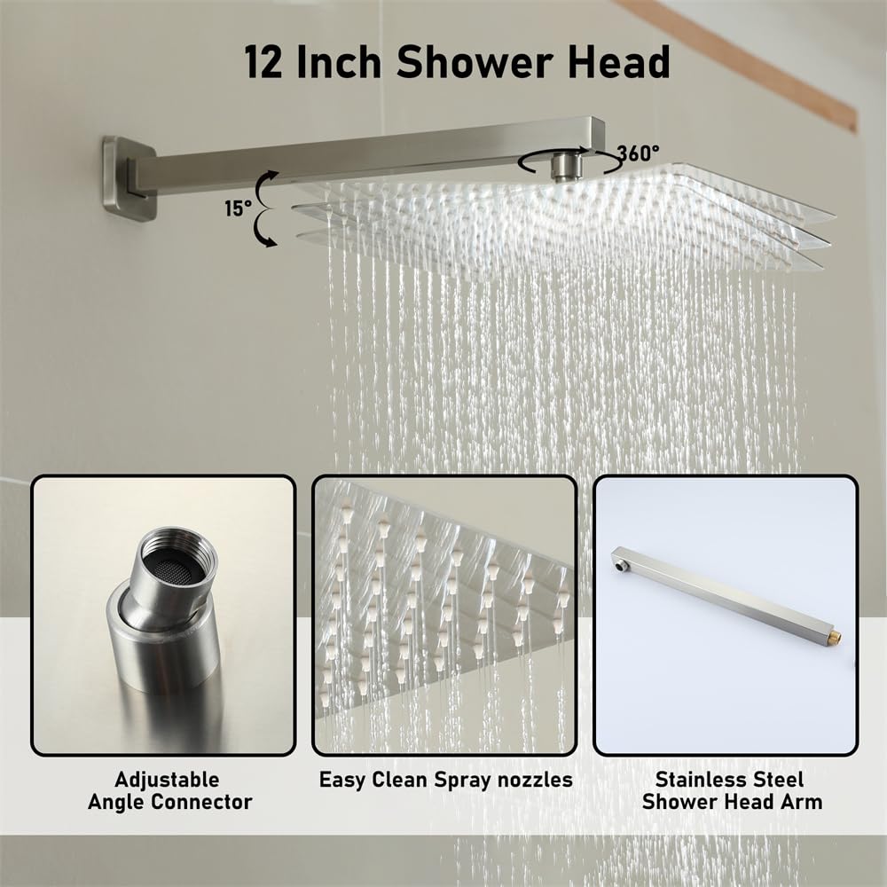 Premium 12 Inch Rainfall Shower System Set - High Pressure Matte Black Shower Head with Wall Mounted Faucet (3-Function, Brushed Nickel) for Luxury Bathroom & Spa Experience