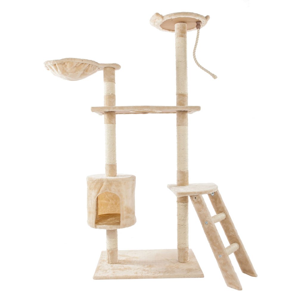 Fuara 60 Inch Cat Tree Tower with Sisal Rope & Plush Perches - Sturdy Climbing Structure for Kittens and Adult Cats - Beige Pet Playhouse for Indoor Cat Activities