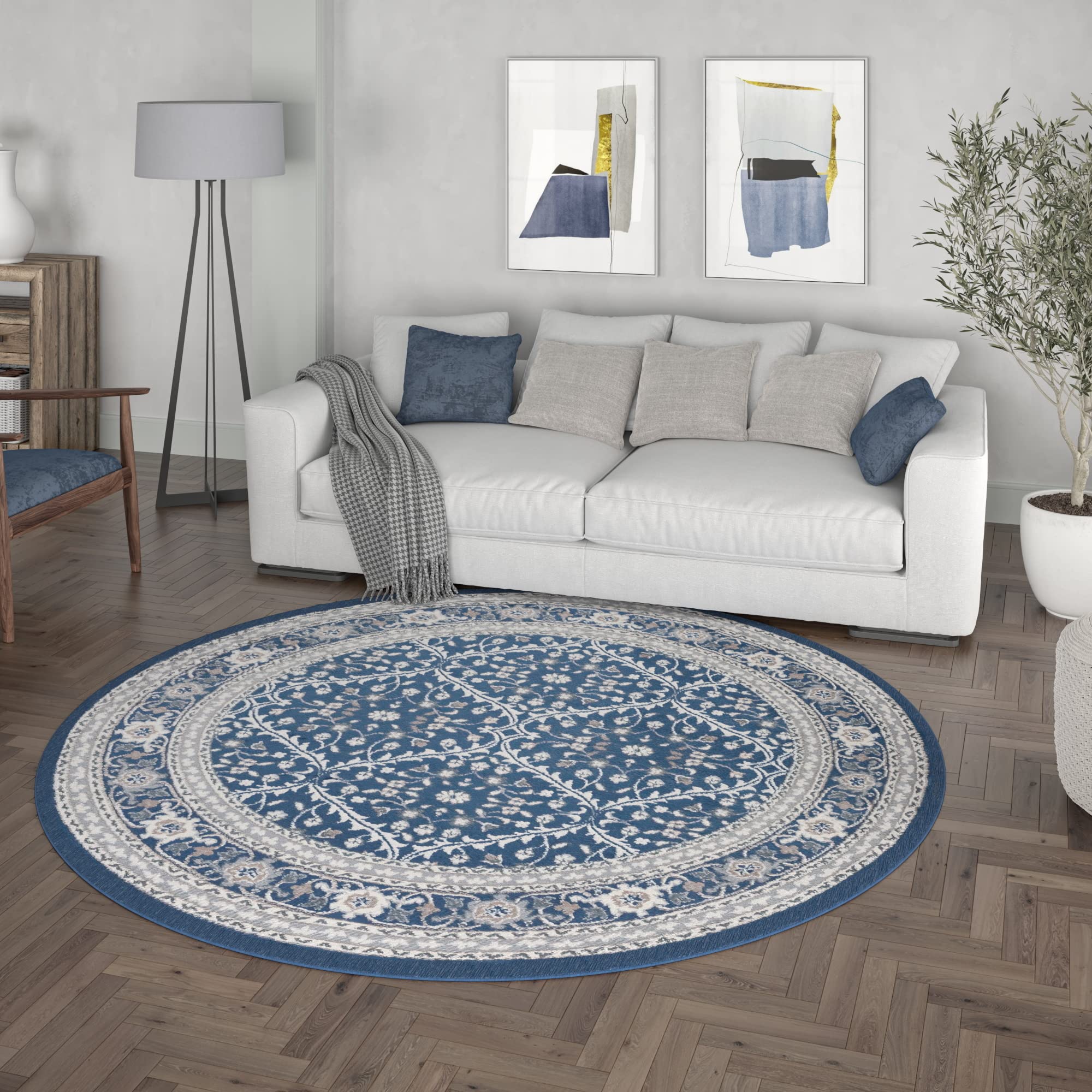 Tayse Navy Modern Large 8ft Round Area Rug - Soft Contemporary Carpet for Living Room, Dining Room, Bedroom, Kitchen & Entryway - Non-Slip Floor Mat for Home Decor - Alfombras Modernas para Salas