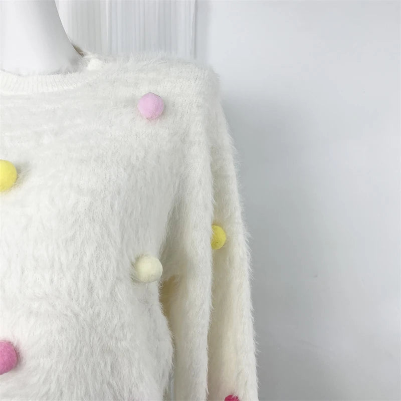 Women's White Mink Fur Ball Decor Short Knit Sweater - Round Neck Long Sleeve Pullover Top for Autumn Winter | Casual Streetwear & Vacation Outfit