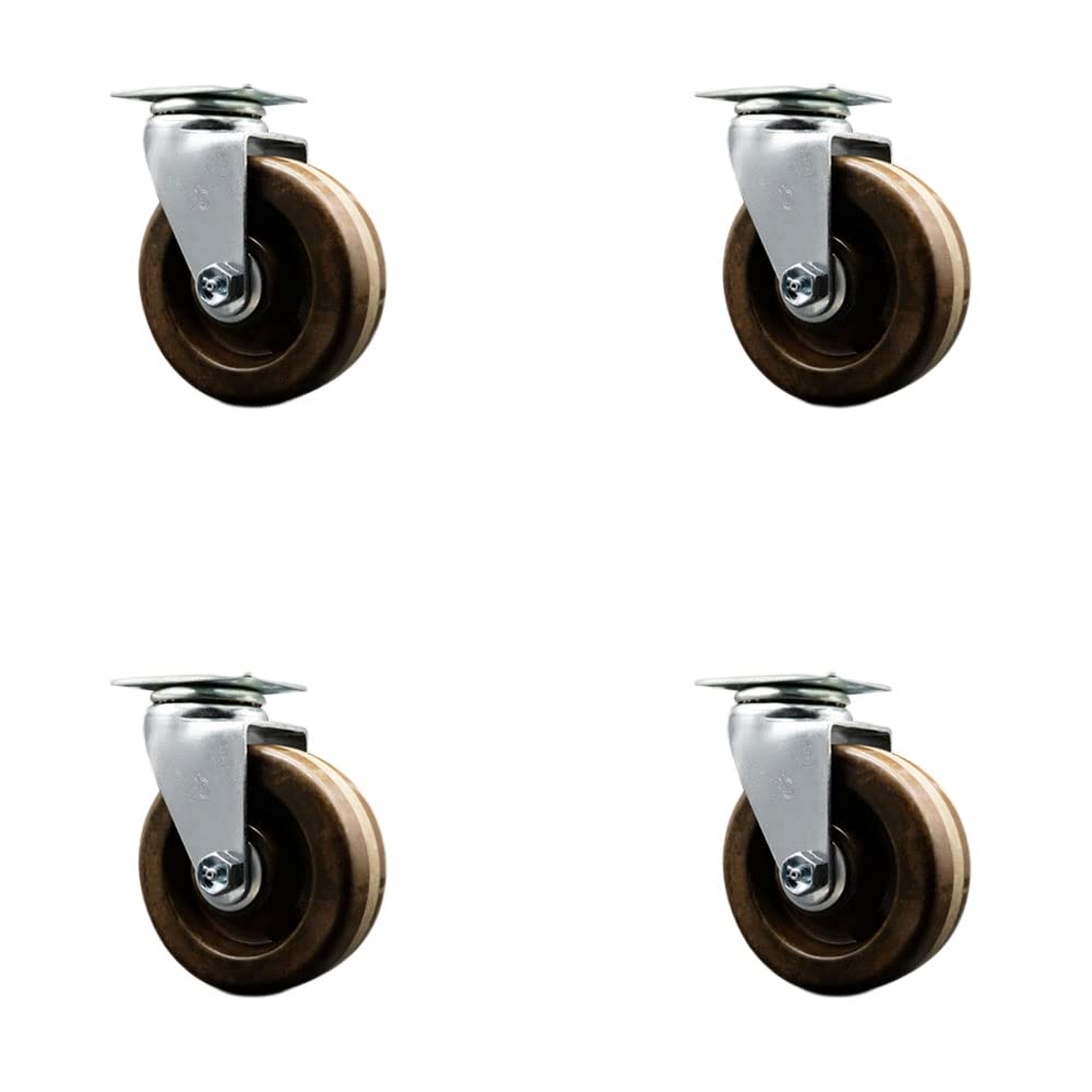 4 Inch Swivel Top Plate Caster Set with 2 Inch High-Temp Phenolic Wheels - Roller Bearing 1800 lbs Capacity (Set of 4) by Service Caster - Ideal for Industrial Equipment, Restaurant Carts & Heavy-Duty Furniture