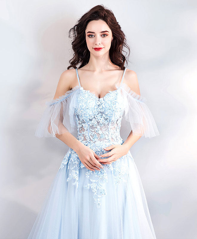 Elegant Light Blue Lace Tulle Long Prom Dress for Women - Formal Evening Gown for Homecoming, Wedding, Ball - Perfect for Special Occasions & Parties