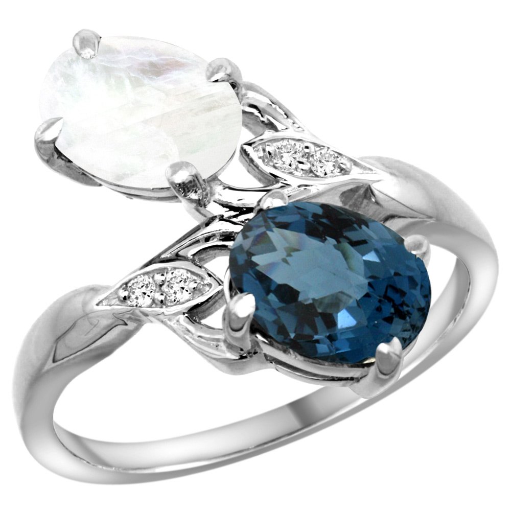 10K White Gold Diamond & Natural London Blue Topaz Rainbow Moonstone Ring - Oval 8x6mm, Size 5-10 - Elegant Bridal Jewelry, Anniversary Gift, Engagement Ring Alternative
