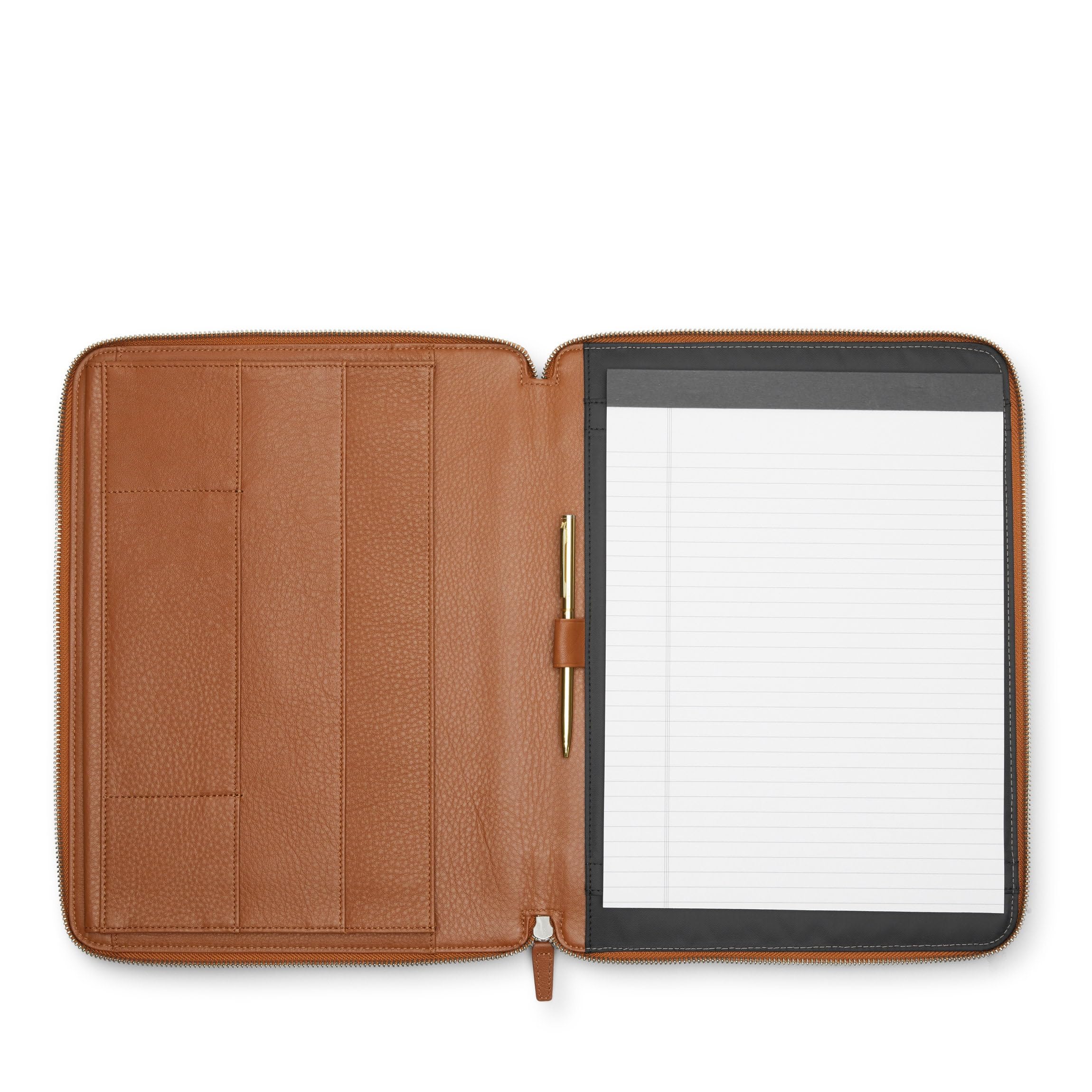 Premium Genuine Leather Cognac Executive Zippered Portfolio - Business Organizer with Tablet Pocket & Multiple Card Slots - Perfect for Office, Meetings & Business Travel