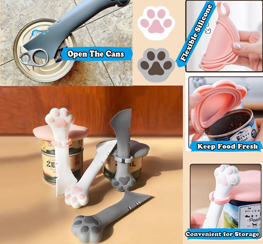 **Paw Print Silicone Pet Can Lids & Spoons Set - Airtight Wet Food Covers for Dog & Cat Cans, Can Opener & Food Spatula for Easy Feeding - Perfect for Wet Food, Lickable Treats & Travel Use (Grey)**