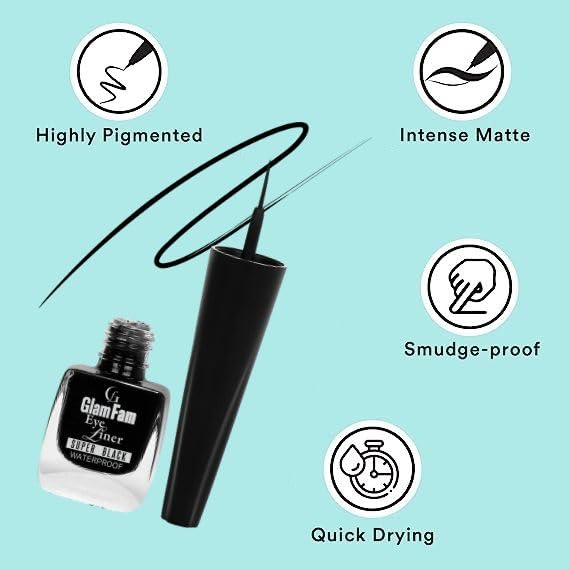 GLAMFAM Matte Finish Eyeliner & Mascara Set - Long Lasting Waterproof Fabulash Mascara with Ultra Fine Smudge-Proof Sketch Eyeliner (Black, 5ml Each) - Perfect for Day to Night Makeup Looks
