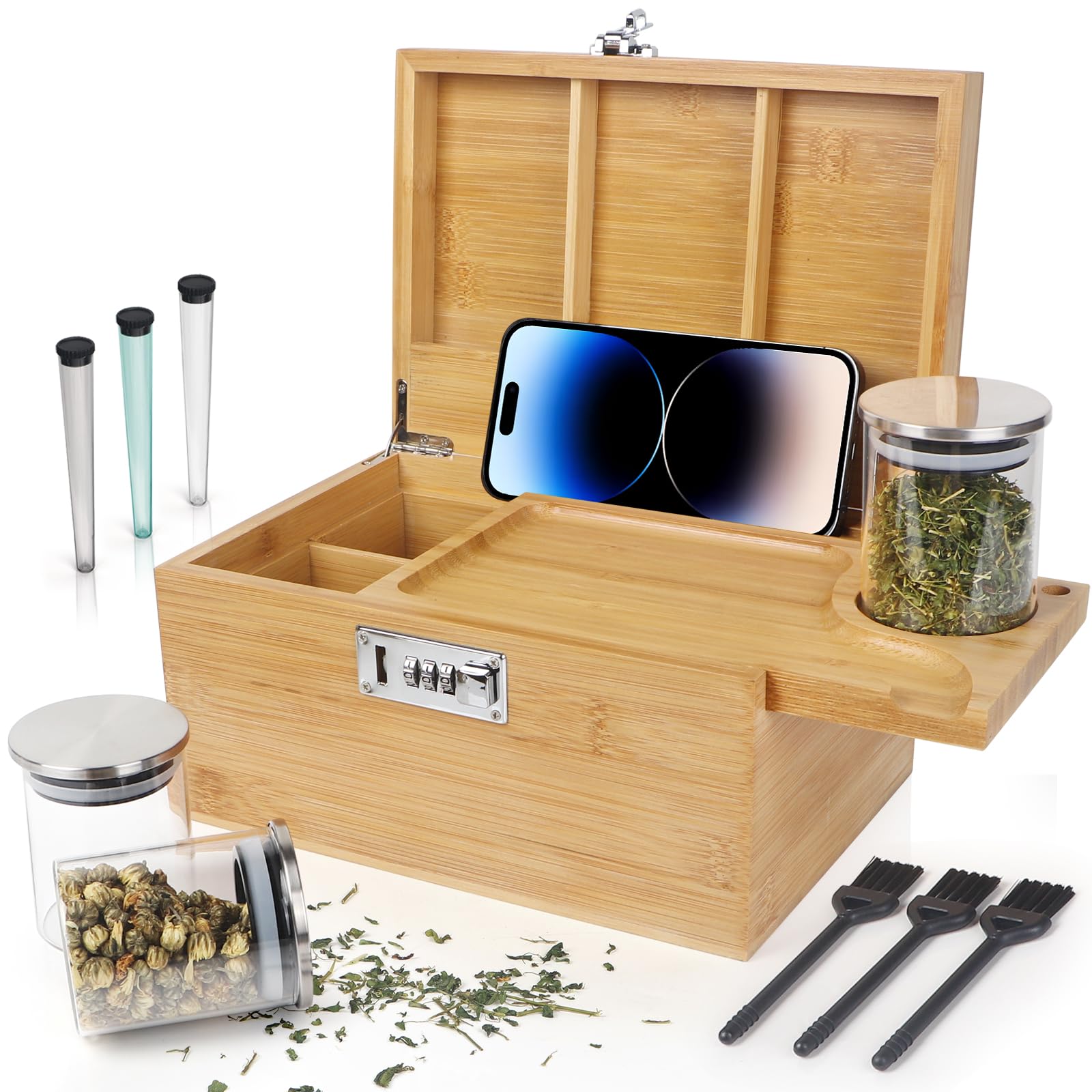 Large Bamboo Storage Box with Combination Lock - Decorative Wooden Organizer with Removable Compartments, Includes Glass Jars & Brushes - Perfect for Home Organization, Jewelry Storage & Gift Giving