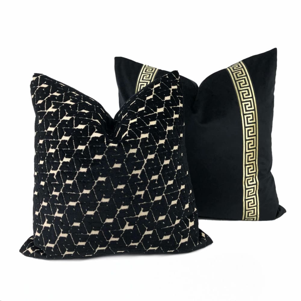 Luxury Black Velvet Pillow Cover with Metallic Gold Greek Key Trim - Elegant Home Decor for Sofa, Bed & Living Room