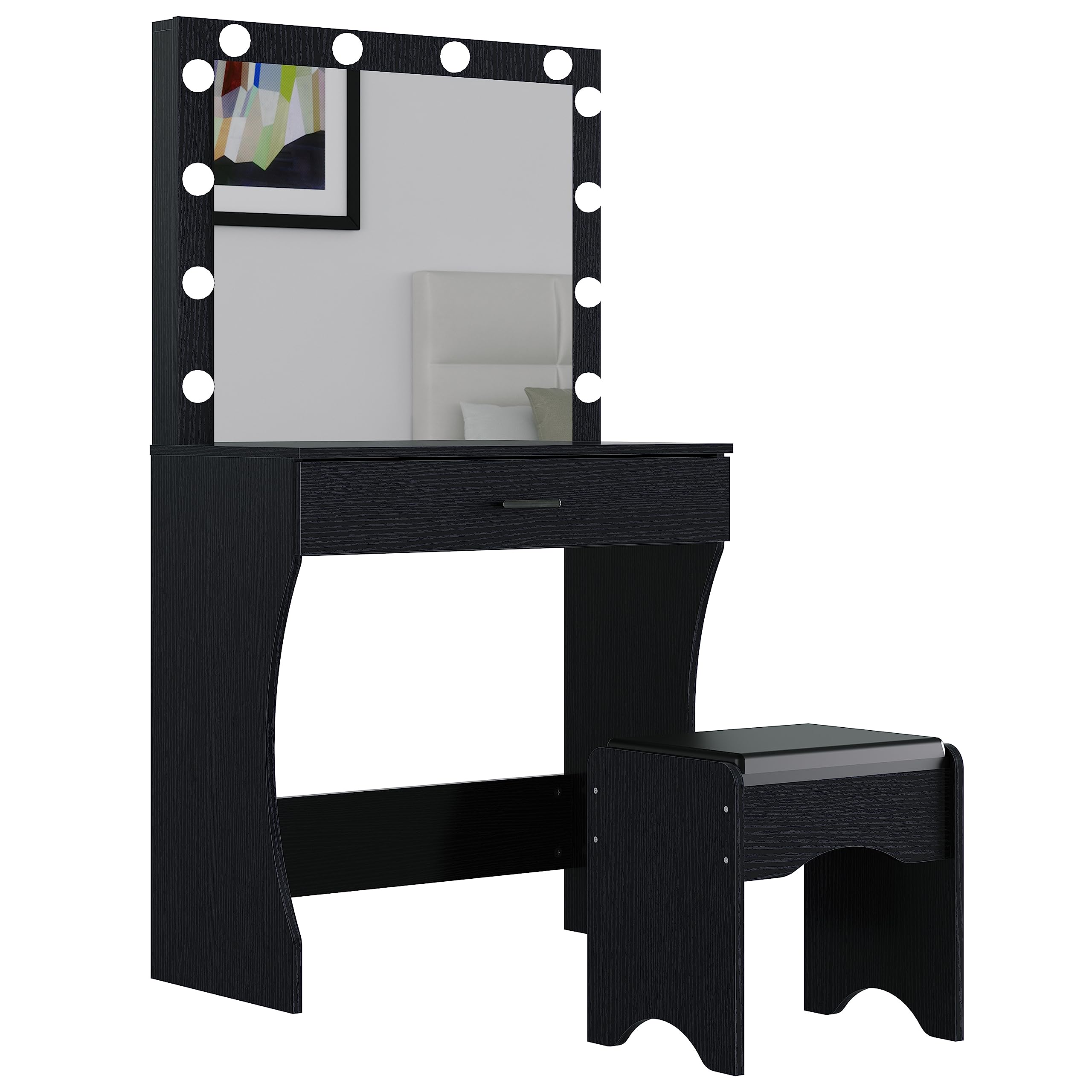 Vanity Desk with Mirror and Lights - Adjustable LED Makeup Vanity Table with Stool, 1 Drawer Storage, Modern Dressing Table for Bedroom (Black) | Perfect for Makeup Application, Skincare Routine & Home Decor
