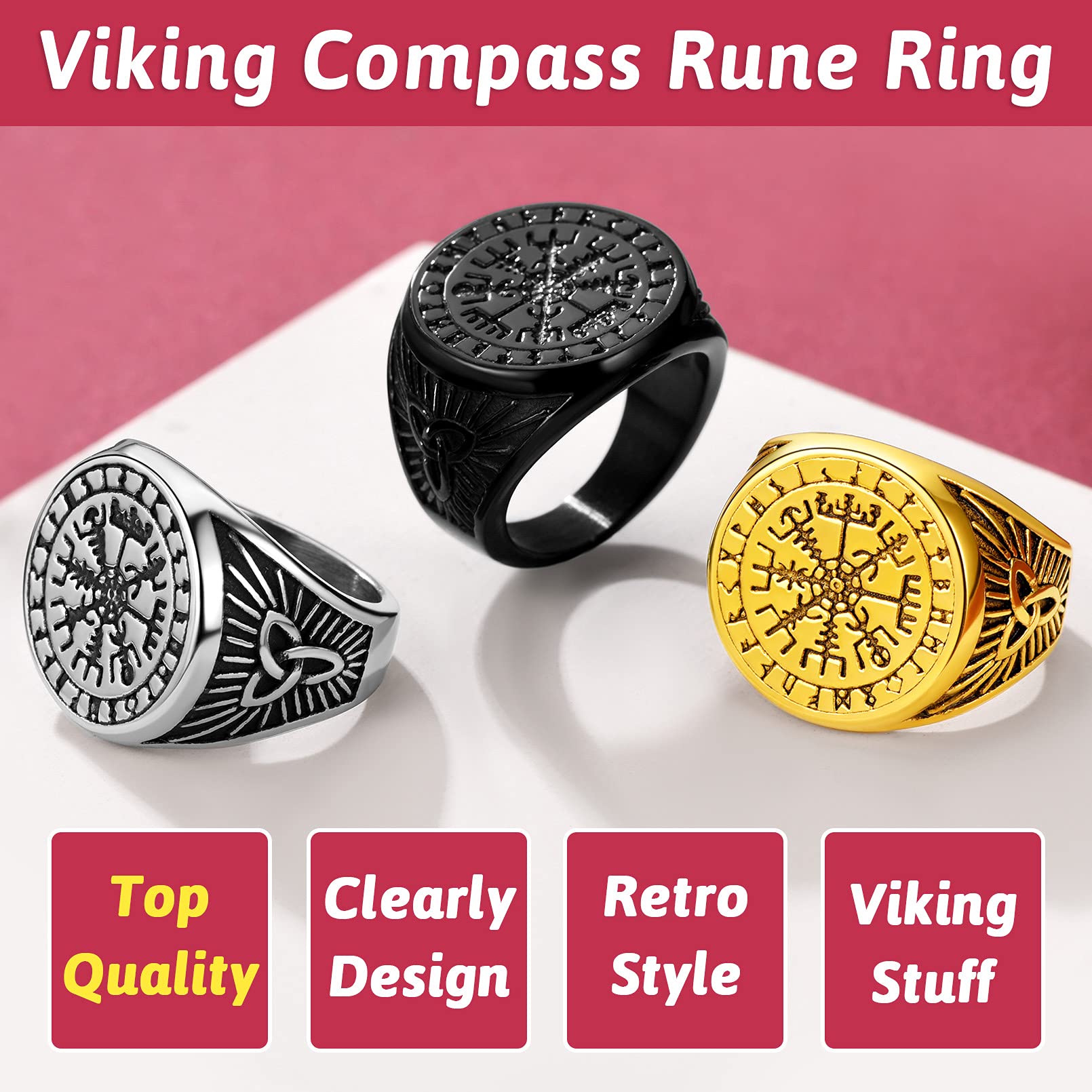 FaithHeart Viking Rings for Men - Norse Runes, Thor Hammer, Valknut Stainless Steel Rings for Everyday Wear