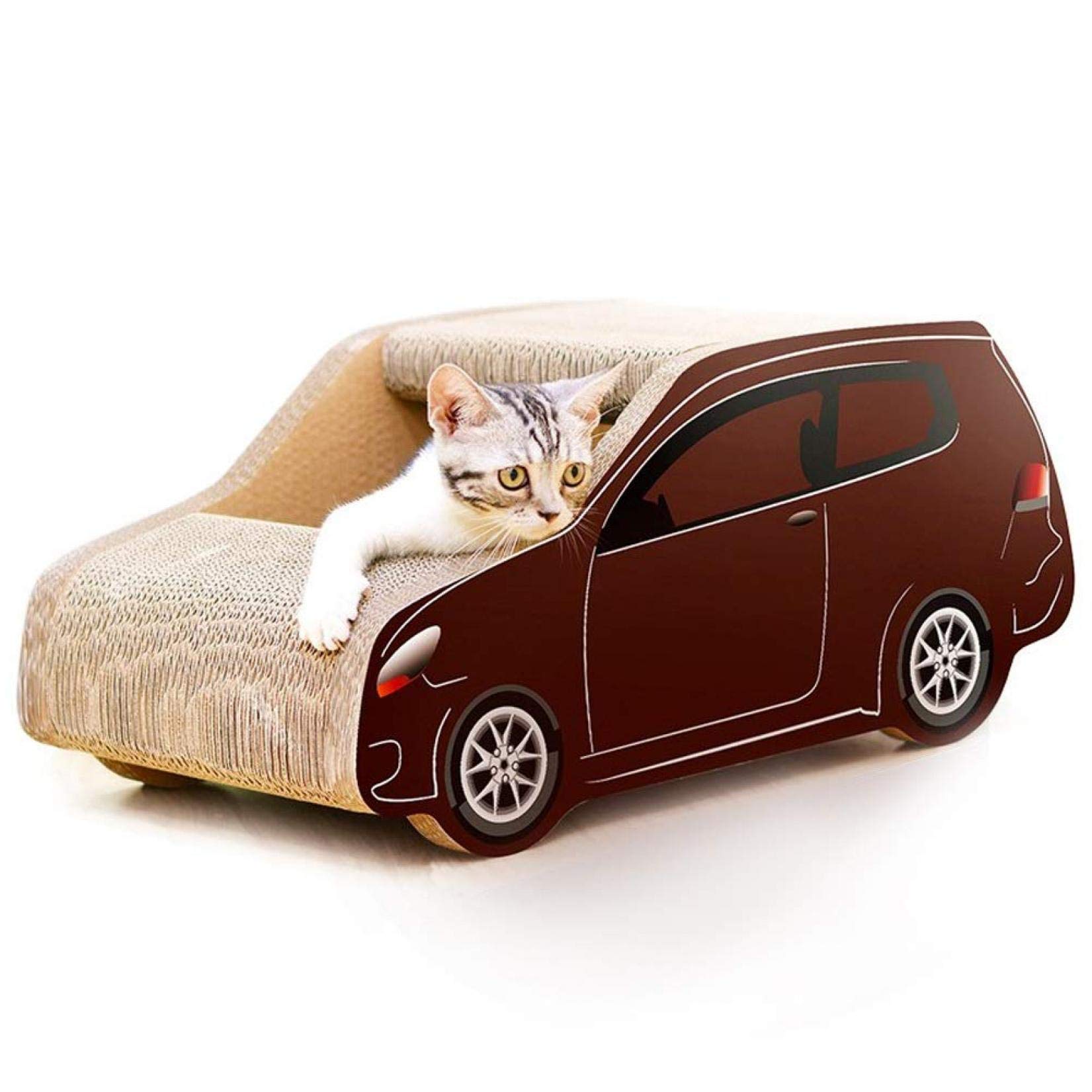 Brown Corrugated Cardboard Cat Scratcher - Car-Shaped Scratching Board with Lounge Bed & Toy House for Indoor Cats | Perfect for Playtime, Napping & Claw Maintenance