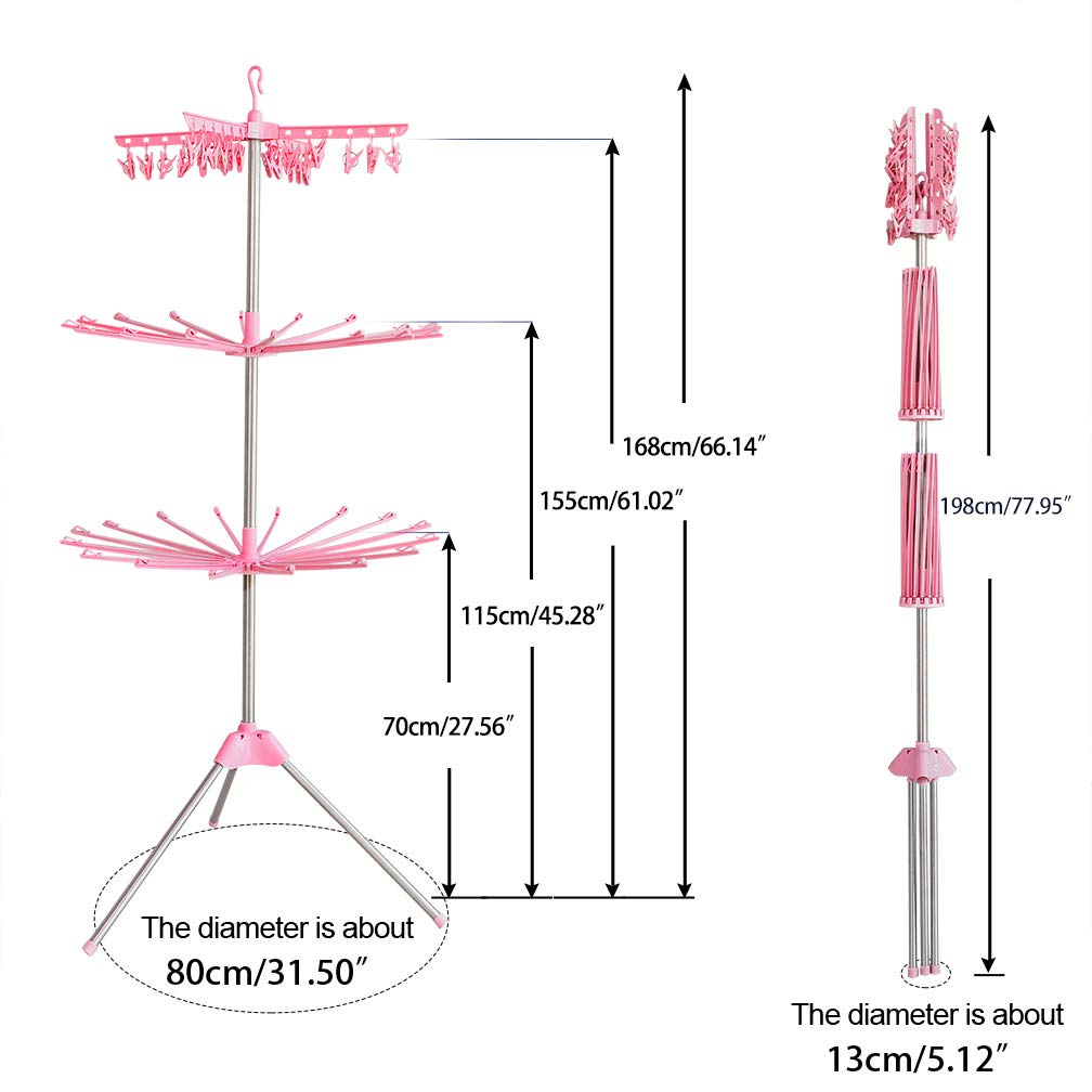 Hershii Foldable Clothes Drying Rack - 3-Tier Standing Garment Hanger with 24 Clips & 32 Towel Bars | Space Saving Laundry Organizer for Baby Clothes, Socks, Bibs, Underwear, Diapers | Perfect for Small Apartments, Dorms & RVs (Pink)