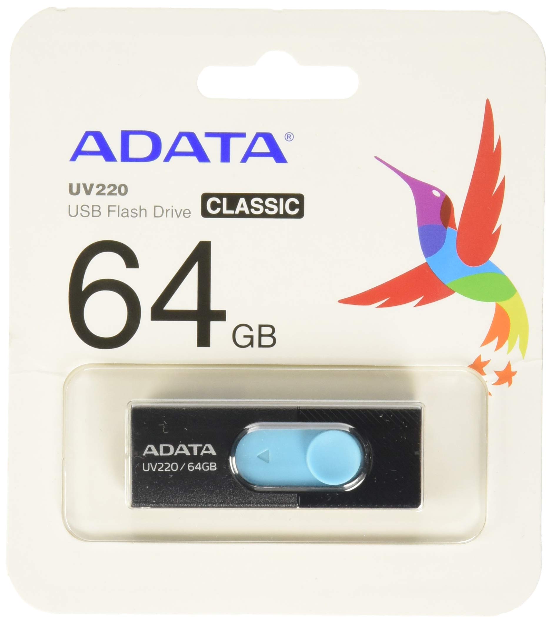 ADATA UV220 64GB USB 2.0 Flash Drive - High Speed Portable Thumb Drive for PC, Laptop, Mac - Waterproof & Shockproof Memory Stick for Office, School, Travel Data Storage (Black/Blue)