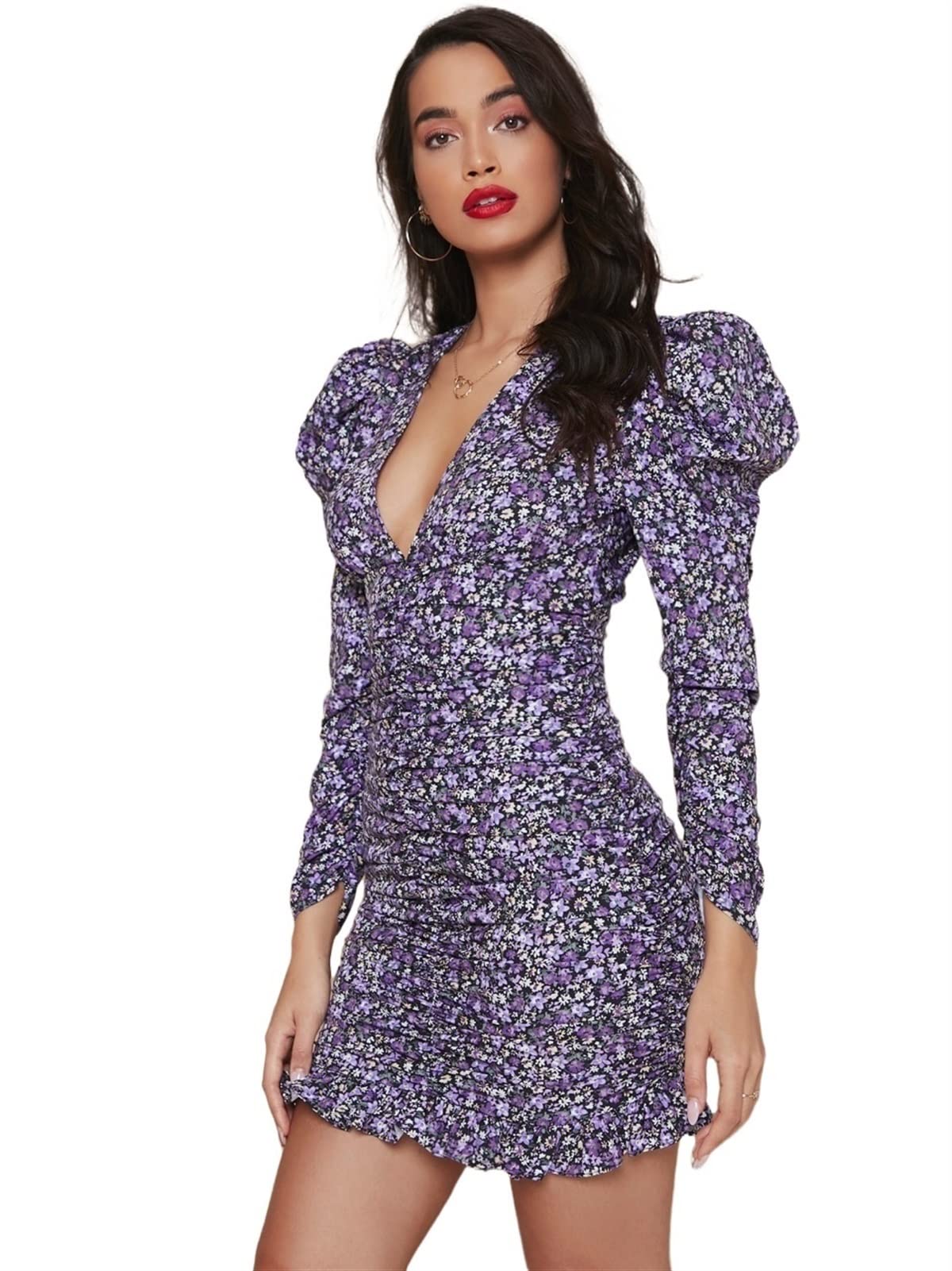 Women's Floral V-Neck Ruched Summer Short Dress - Casual Sleeve Dress for Beach, Vacation & Outdoor Activities