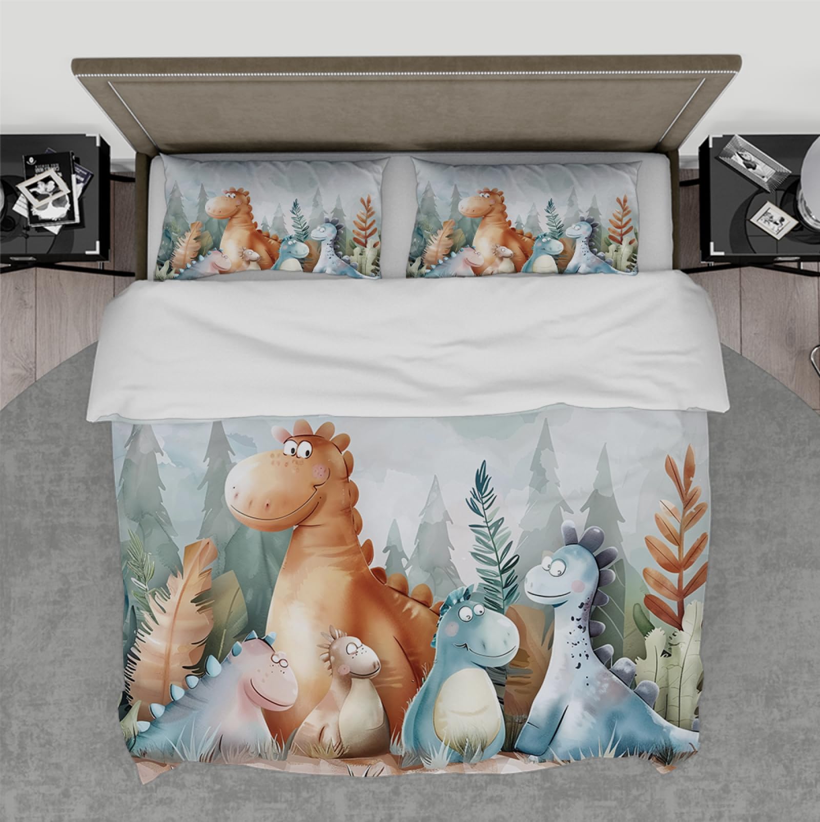Cute Fat Dinosaur Print Microfiber Duvet Cover Set - 3PCS (1 Comforter Cover + 2 Pillow Shams) - Twin Size Cartoon Animals Bedding - Perfect for Kids' Rooms & Dinosaur Themed Bedrooms