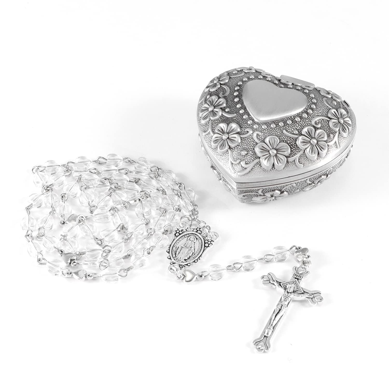 **White Crystal Heart Rosary Beads Necklace for Women - Catholic Anglican Christian Prayer Jewelry with Vintage Heart Box - Perfect for Baptism, First Communion, Confirmation & Religious Gifts**