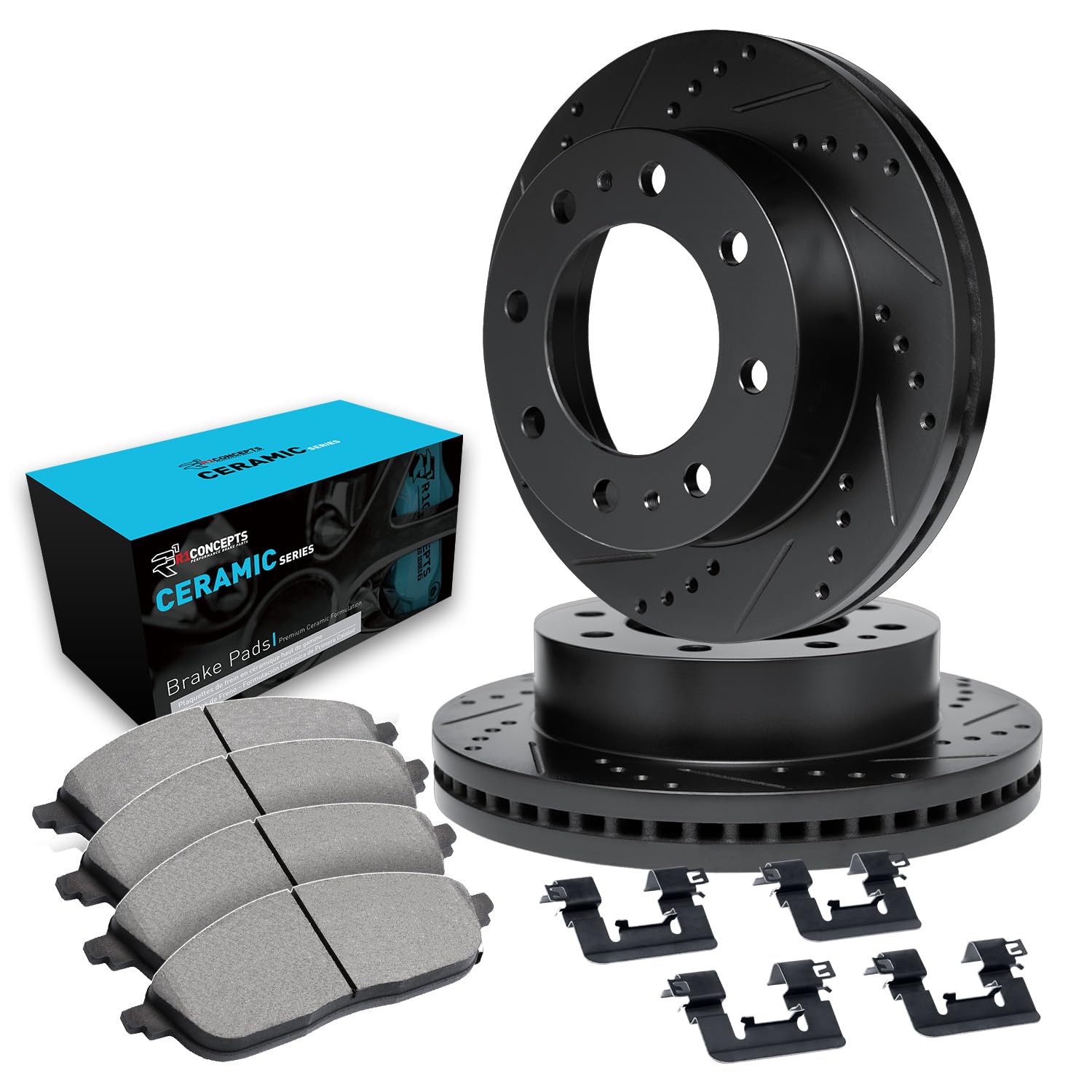 R1 Concepts Premium Front Brake Pads and Rotors Kit - Ceramic Brake Pads, Drilled & Slotted Rotors with Hardware Kit (1BC.48005.42) | High-Performance Braking for Trucks, SUVs, and Sedans