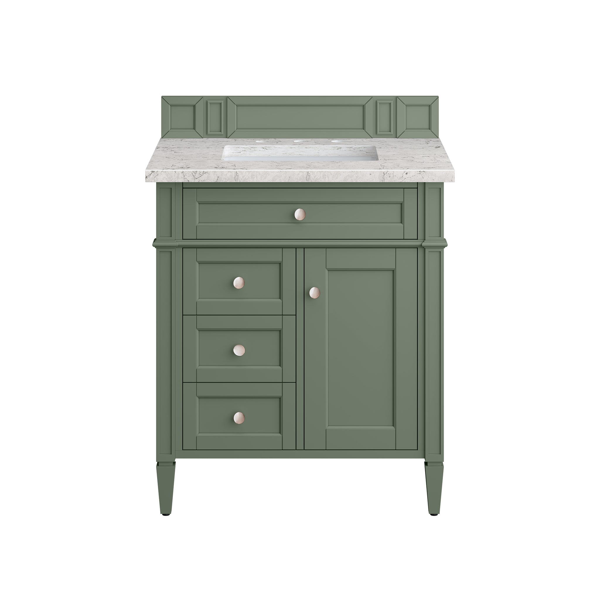 Brittany 30-Inch Single Bathroom Vanity in Smokey Celadon with 3CM Eternal Jasmine Pearl Countertop – Perfect for Modern Master Bathrooms & Powder Rooms