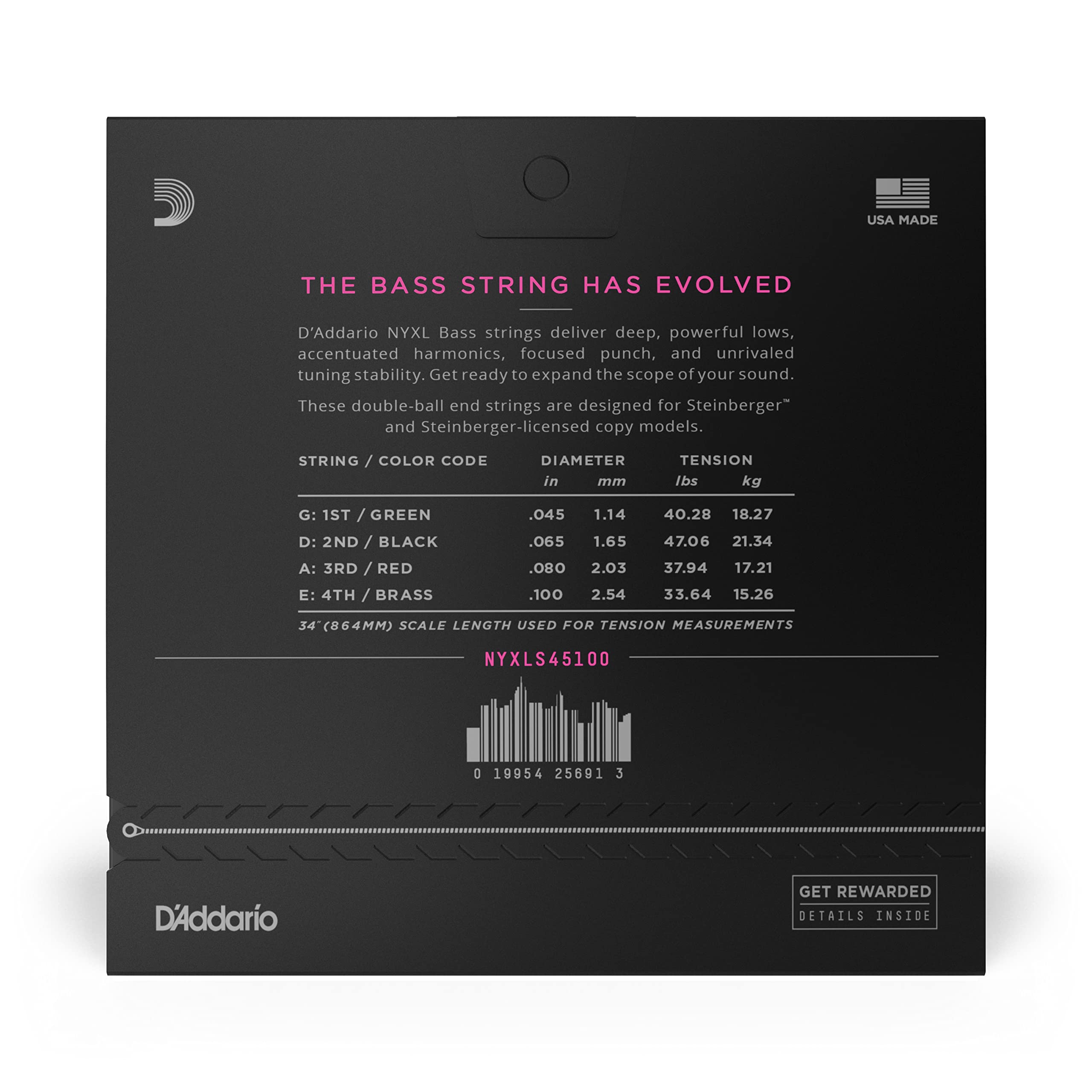 D'Addario NYXL Bass Guitar Strings 45-100 Regular Light, Long Scale, Double Ball End - Unrivaled Strength & Tuning Stability for 4-String Bass - Perfect for Live Performances, Studio Recording & Professional Bassists