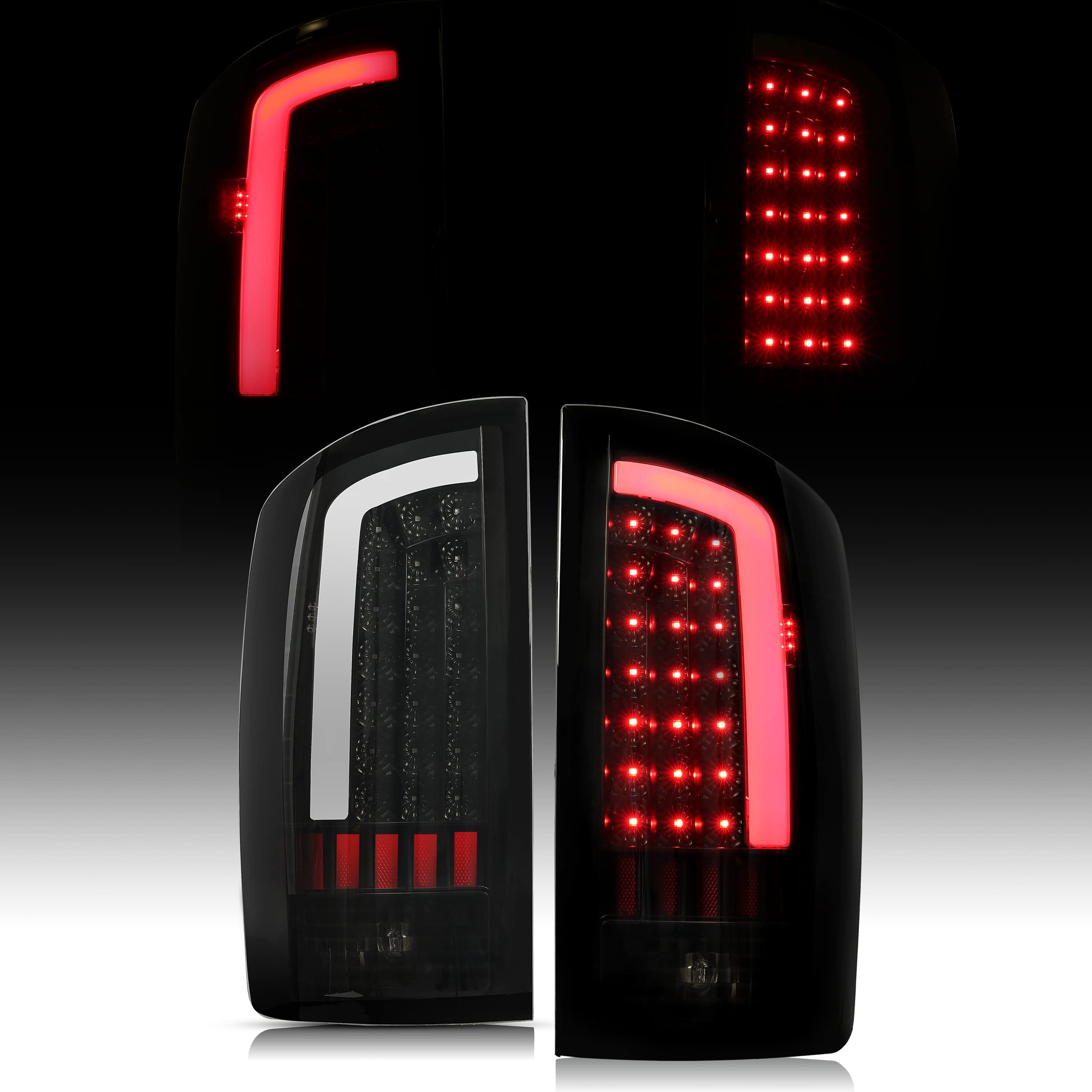 HECASA LED Tail Lights Assembly for 2002-2006 Dodge Ram 1500/2500/3500 - Smoke Lens Black Housing LED Tube Bar Rear Brake Turn Signal Lamps (Pair) | Enhanced Night Visibility & Safety for Truck Drivers