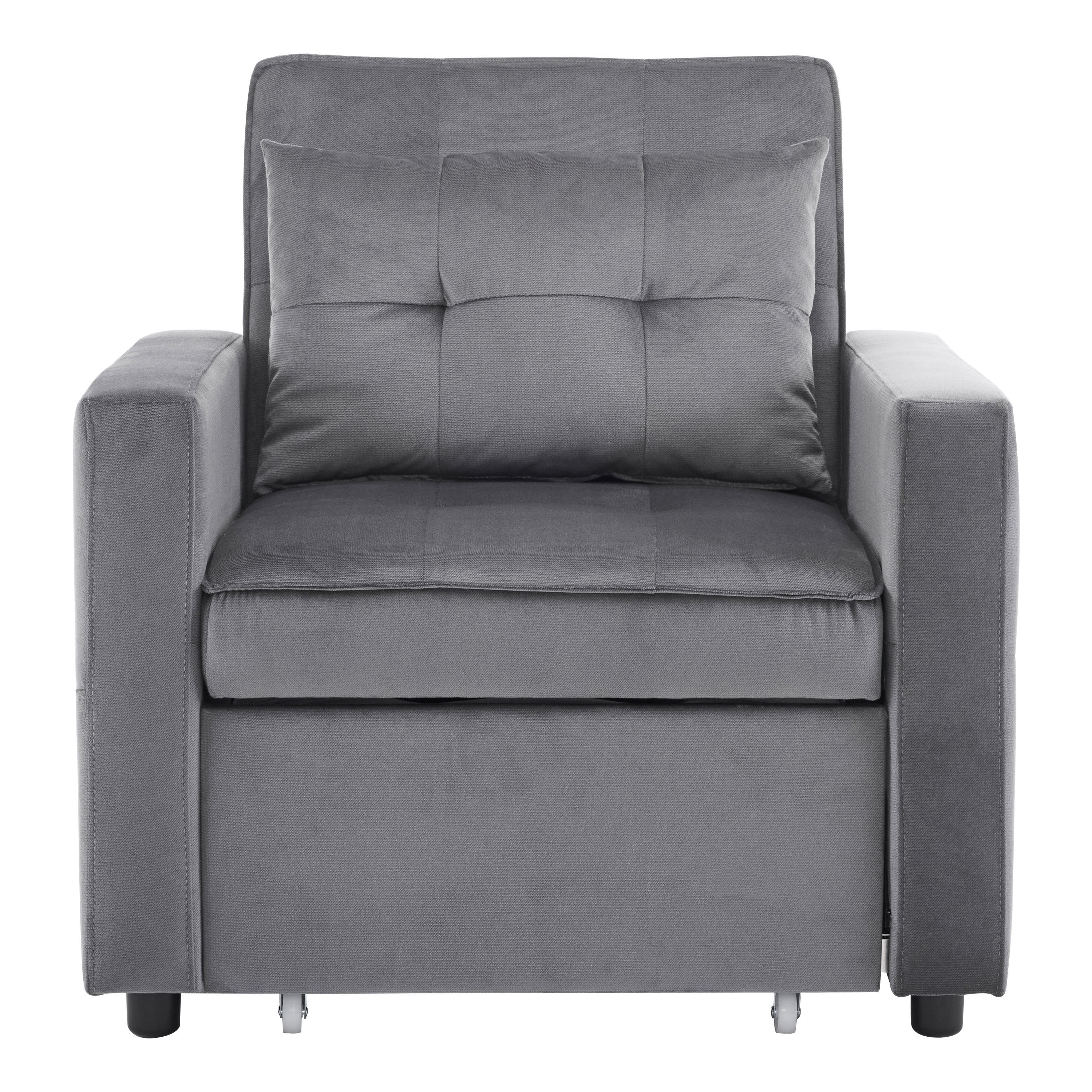 3-in-1 Convertible Sleeper Sofa Bed Chair with Pillow & Pocket - Modern Velvet Fabric Multi-Functional Furniture for Living Room, Bedroom, Study & Small Apartments (Gray) | Perfect for Guest Sleeping, Lounging & Space Saving Solutions