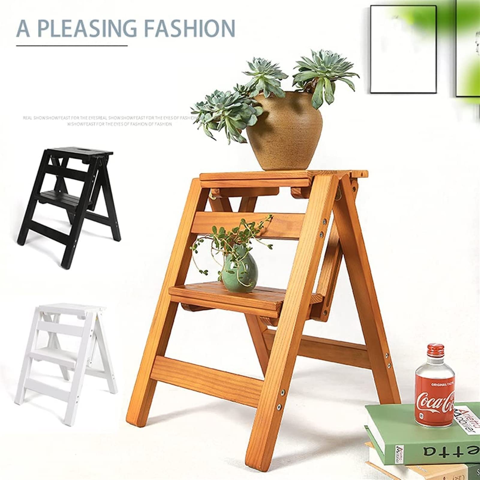 LUDIST Wooden Folding Step Stool for Home, Foldable Ladder Stool with Storage Shelf - Indoor Climbing Stool for Kids, Library Ladder, Plant Stand - Perfect for Home, Office, and Storage Organization