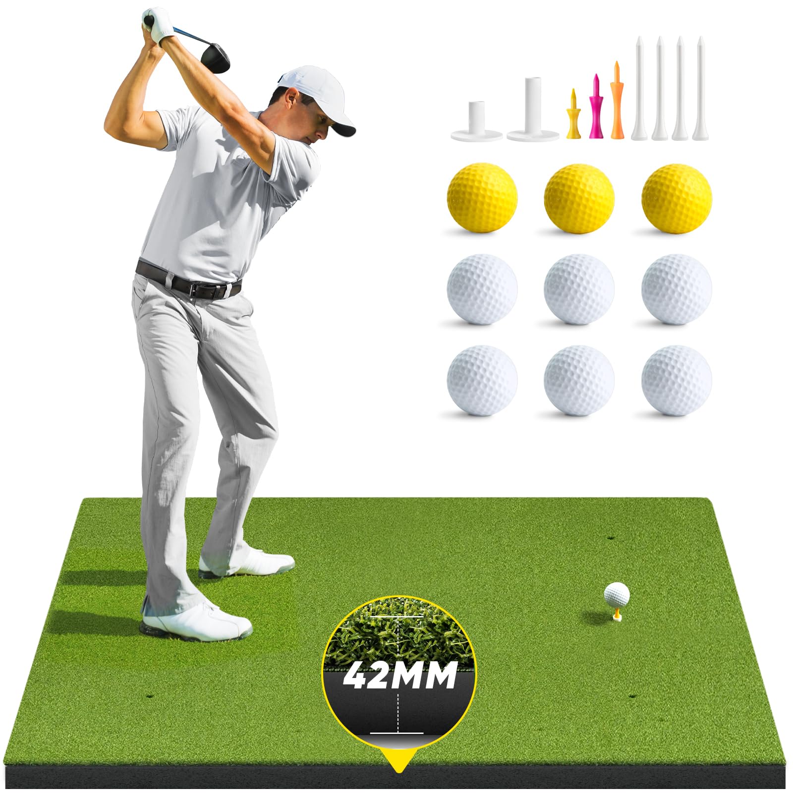 BestGolf 42MM Professional Golf Practice Mat - 5x4ft Premium PE Grass & Hot Pressed Turf for Indoor/Outdoor Use - Includes 9 Golf Balls & 9 Tees - Perfect for Backyard Training, Driving Range & Home Golf Practice