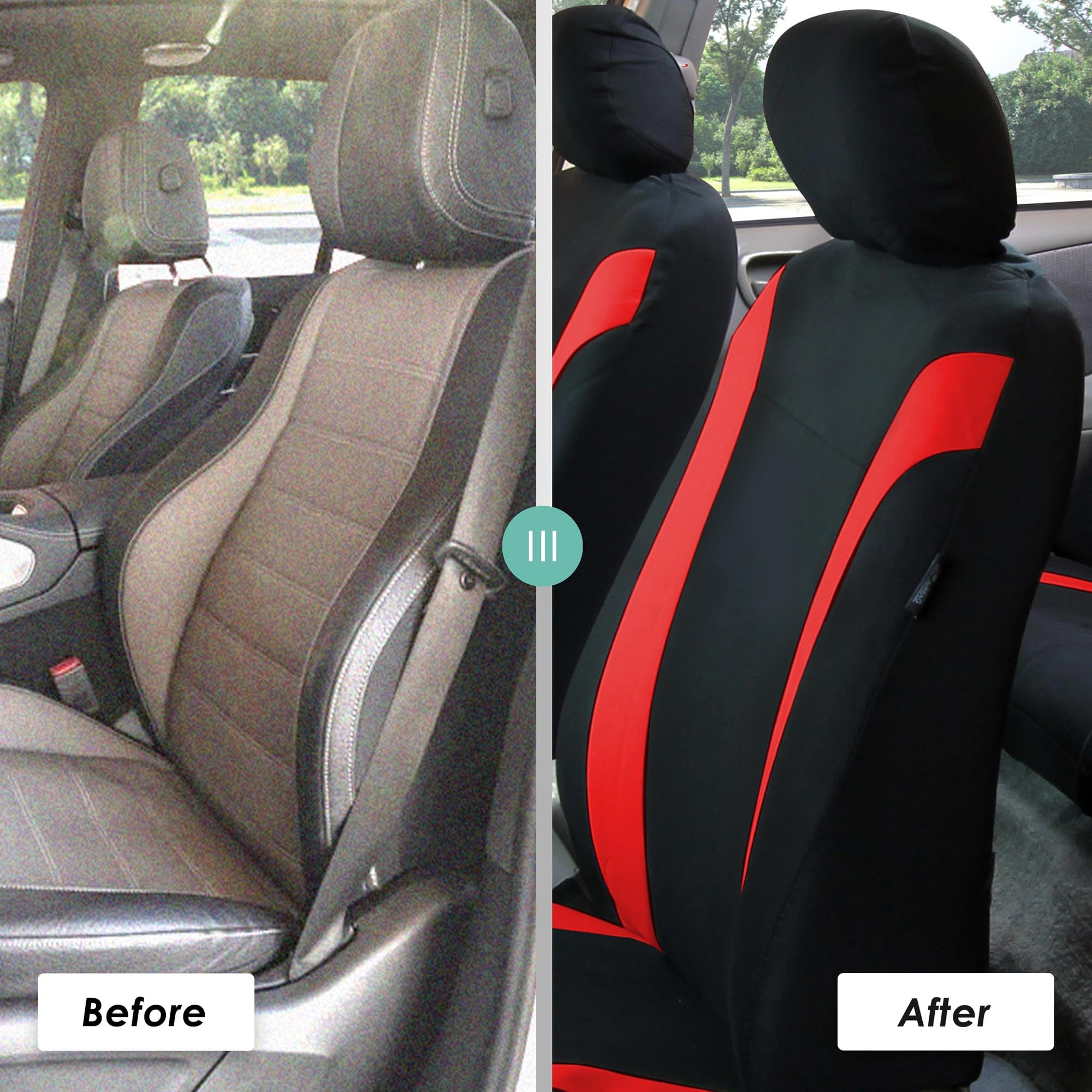 Premium FH Group Cosmopolitan Flat Cloth Car Seat Covers Full Set - Universal Fit for Cars, Vans & Trucks (Red Combo) | Includes Steering Wheel Cover & Seat Belt Pads | Airbag Compatible & Split Rear Design | Perfect for Daily Commute, Road Trips & Family Travel
