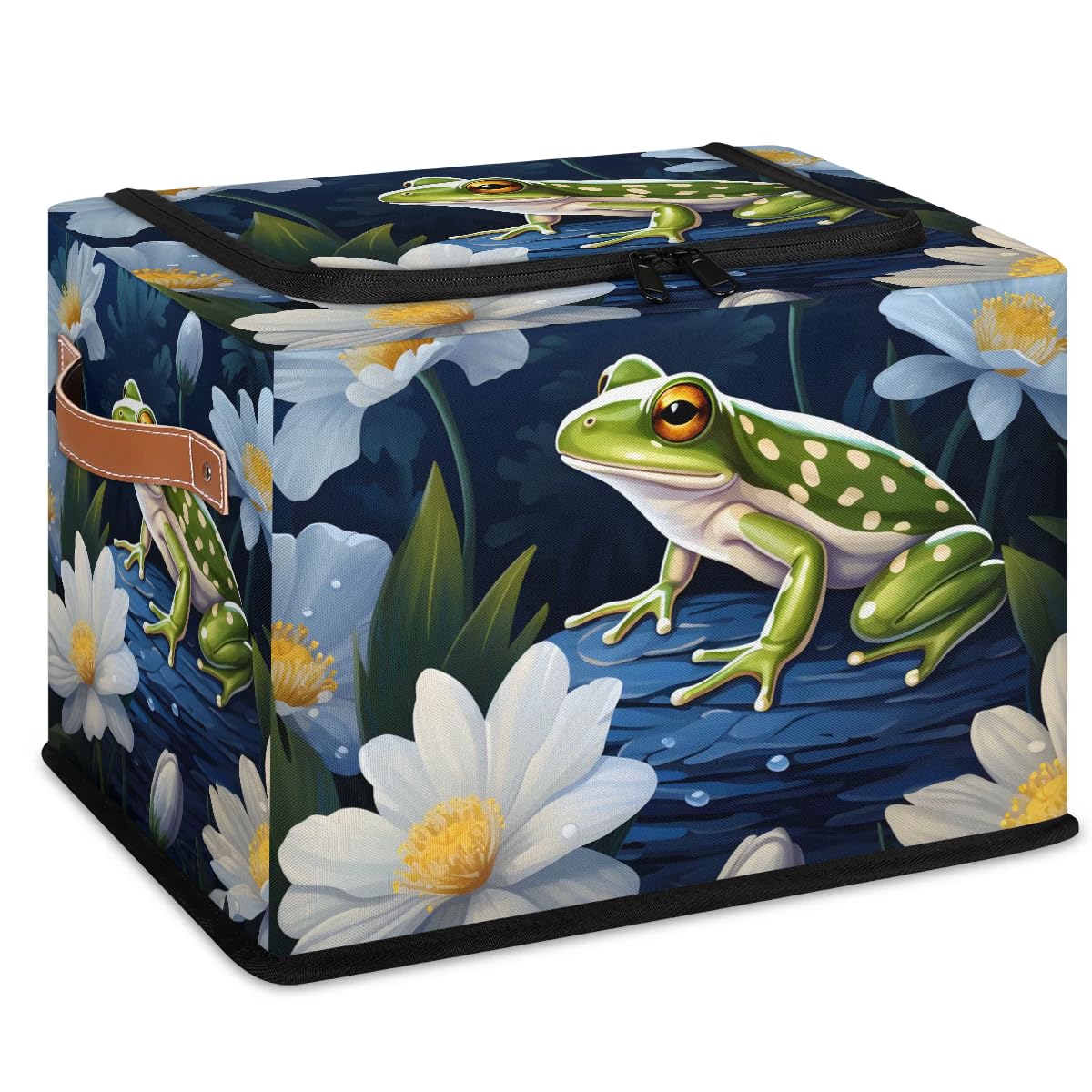 Frog White Flower Storage Bins with Zipper Lid - 2 Pack Stackable Storage Baskets with Metal Frame & PU Handles - Closet Organizer Cube for Clothes, Toys, or Blankets - Perfect for Bedroom, Nursery, or Dorm Organization