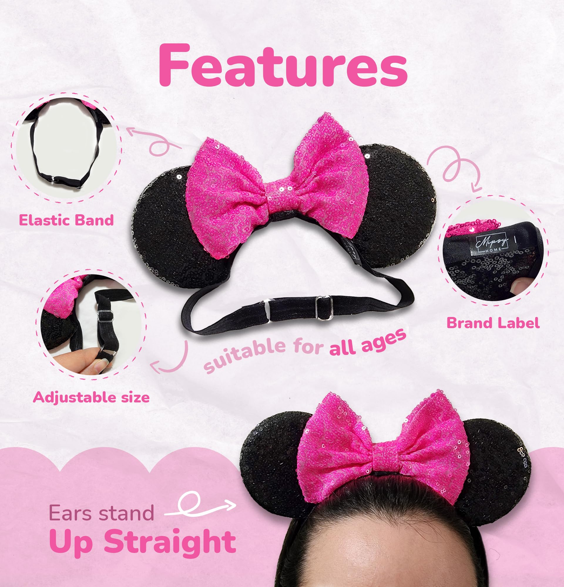 Minnie Ears Headbands with Shiny Sequin Bow (3PCS) - Adjustable Elastic Mouse Ears Headbands for Women & Girls - Glitter Disney Inspired Hair Accessories for Parties, Cosplay & Theme Parks