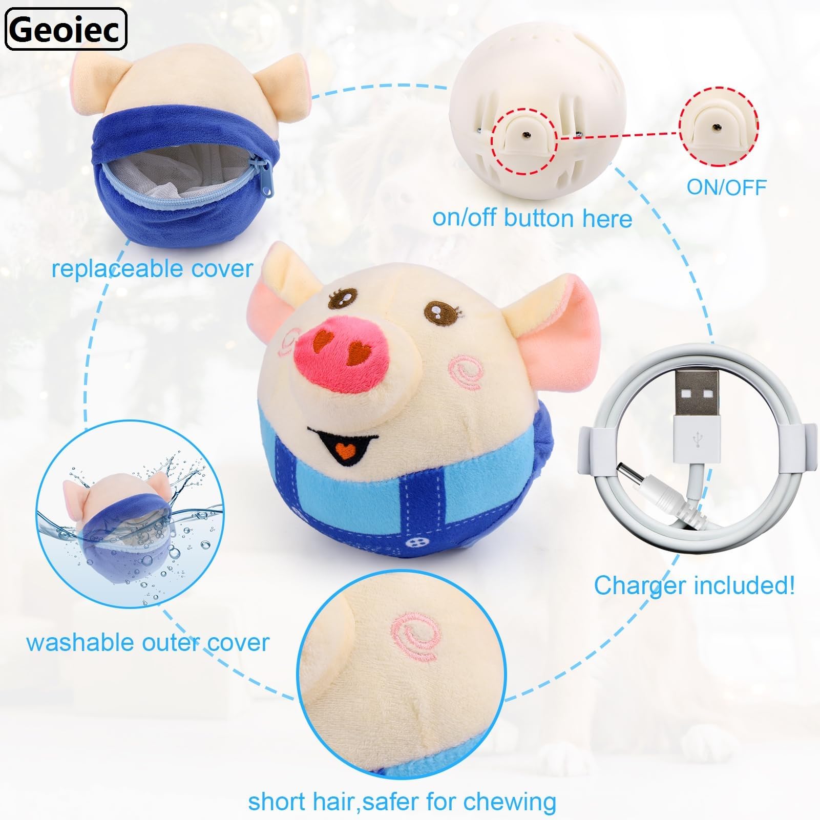 Interactive Dog Toys for Active Pets - 2025 New Rechargeable Squeaky Moving Plush Ball Toy with Music (Blue Pig) - Perfect for Indoor Play, Training, and Keeping Dogs Entertained
