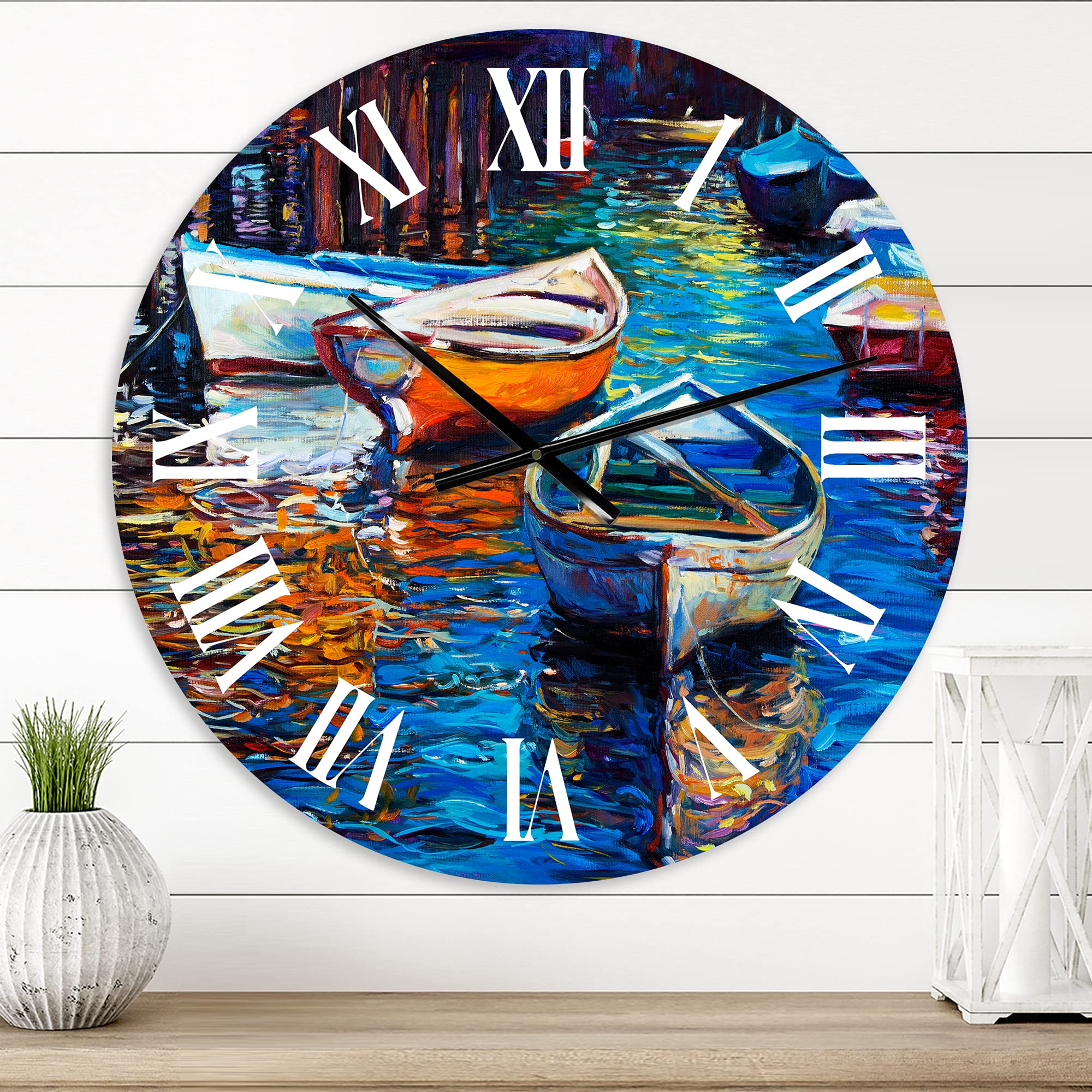 DesignQ Nautical Coastal Wall Clock - Round Blue Boat Sunset Decor for Living Room, Bedroom, Office | Silent Non-Ticking Rustic Home Decor