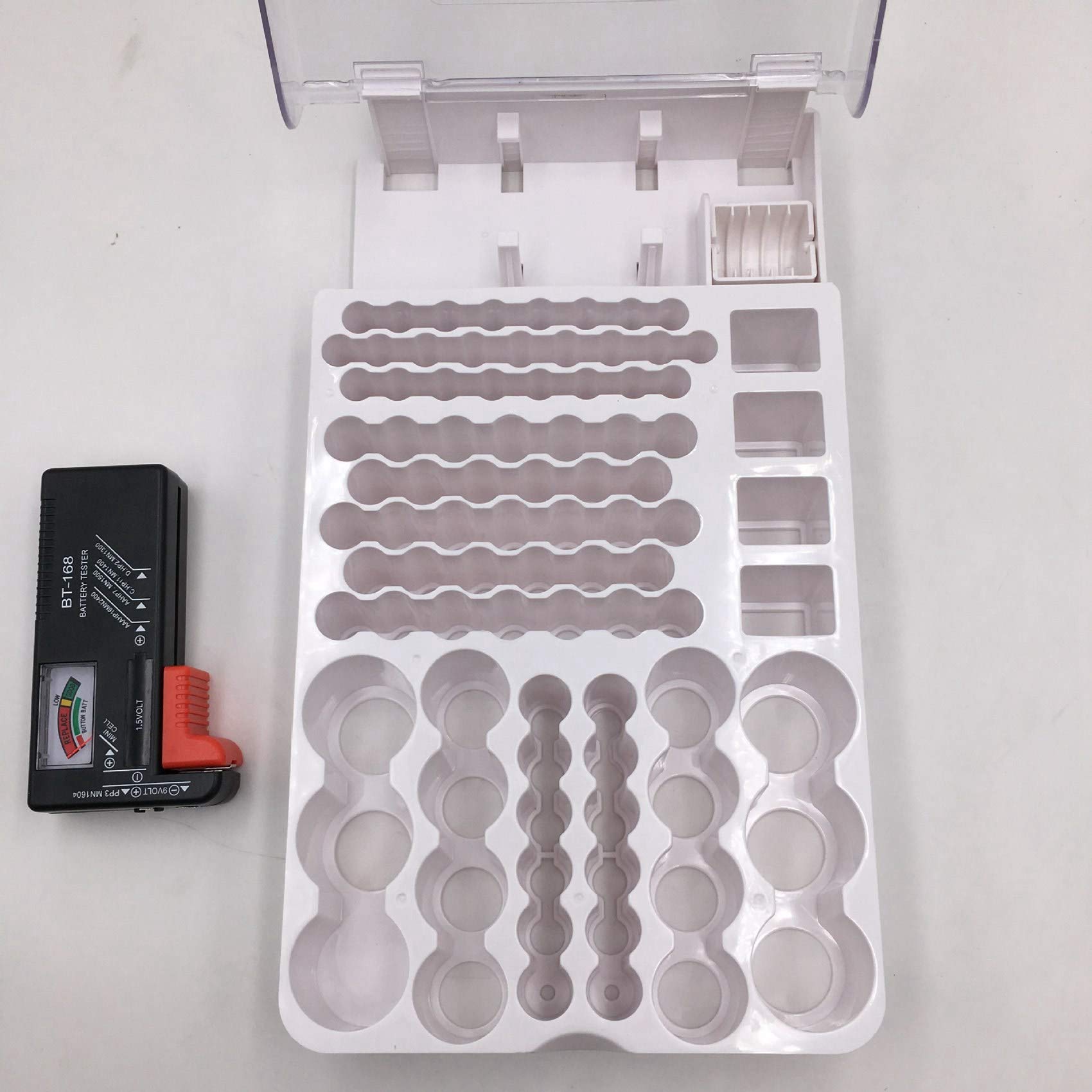 Glimpsesun Battery Storage Case with Hinged Clear Cover & Built-in Tester - Organizes 93 Batteries of Various Sizes (Black) - Perfect for Home, Office, and Travel Battery Organization