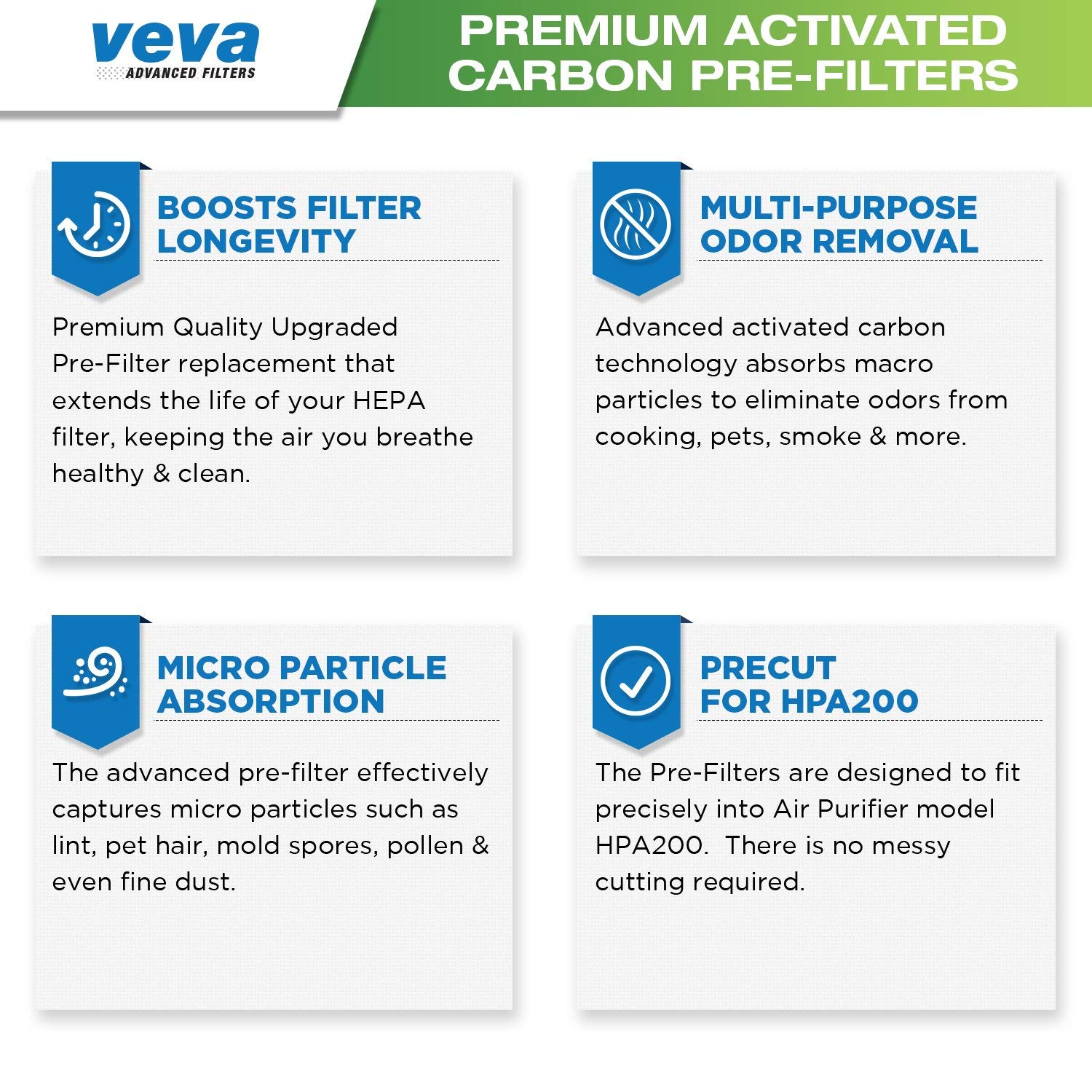 VEVA Air Purifier Filter Replacements - 6 Pack Precut Activated Carbon Pre-Filters for Honeywell HPA200 Series | Compatible with HPA200, HPA200B, HPA200W | Improves Air Quality in Bedrooms, Offices & Living Rooms