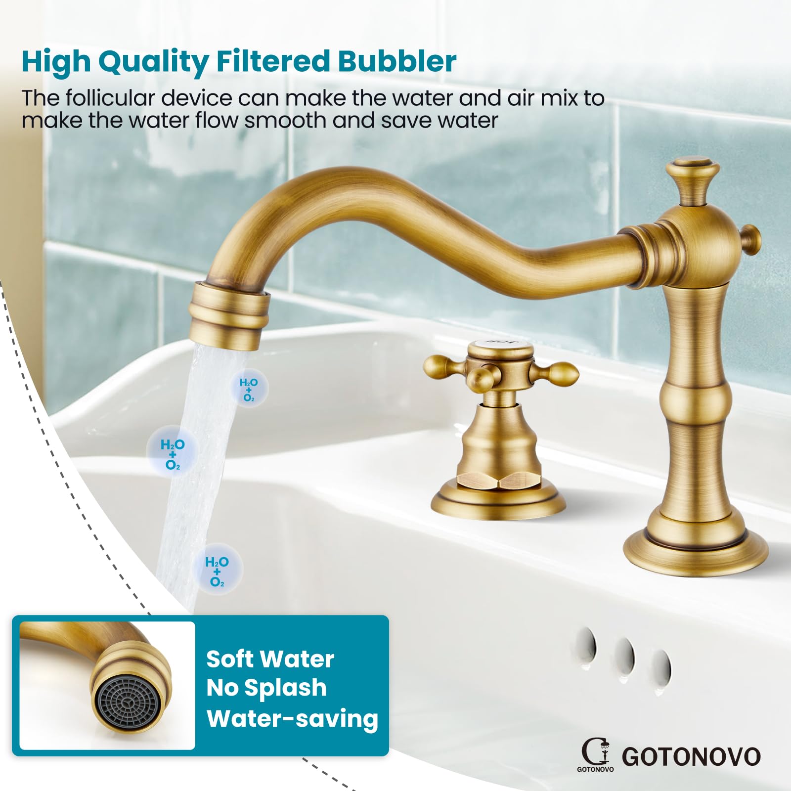 Gotonovo 8 Inch Widespread Bathroom Sink Faucet - 2 Cross Handles, 3 Hole Deck Mount Basin Mixer Tap with Pop Up Drain & Overflow - Antique Brass Finish - Perfect for Bathroom Vanity, Powder Room & Guest Bath Renovation