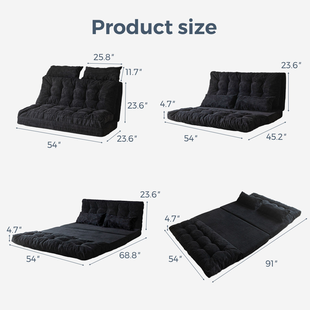 MAXYOYO Tufted Foldable Bean Bag Sofa Bed with Pillows - Black Floor Couch for Living Room, Bedroom & Dorm | Comfortable Lounge Chair for Relaxing, Reading & Gaming