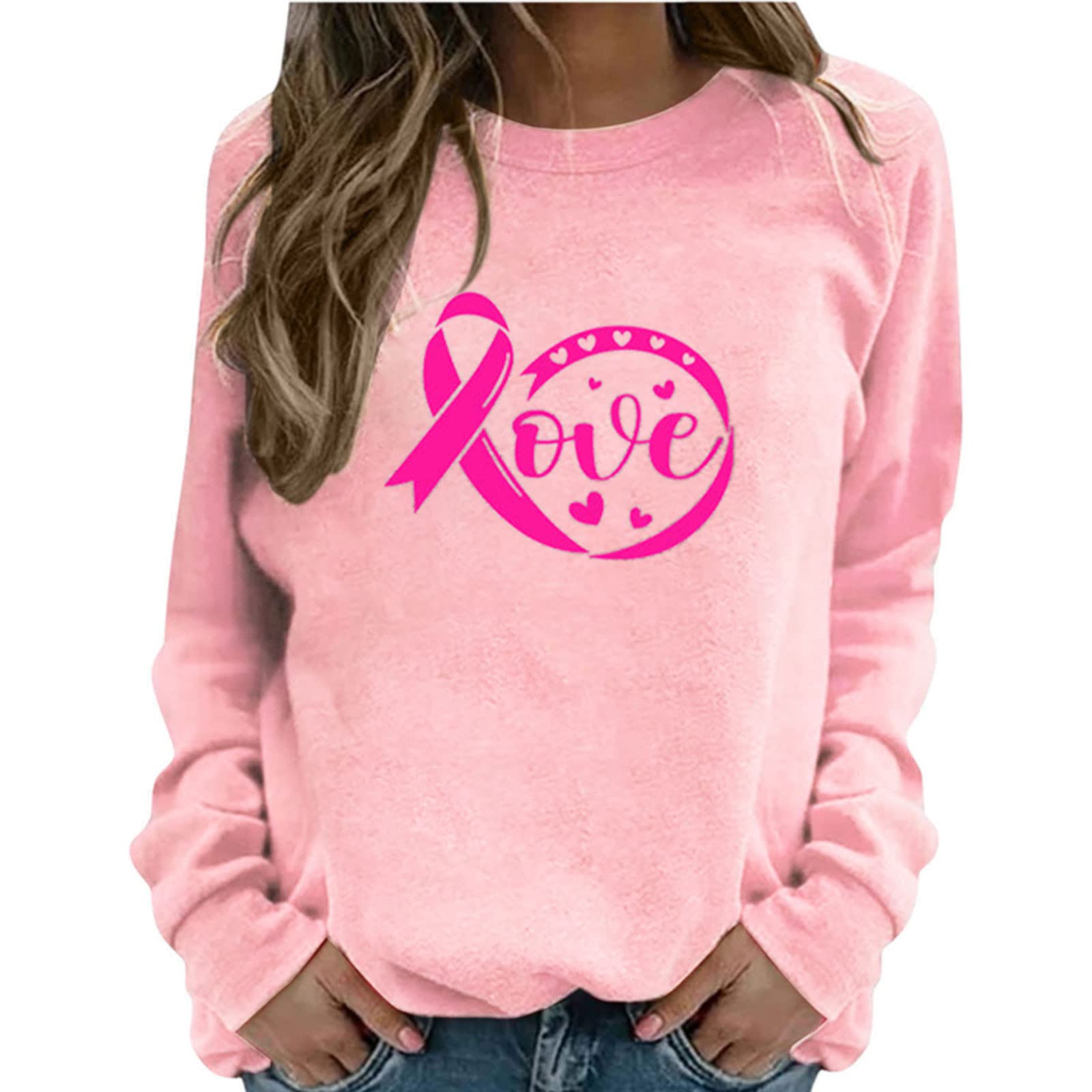 ESCBUKI Women's Pink Ribbon Long Sleeve Oversized Sweatshirt - Breast Cancer Awareness Crewneck Top | Comfortable Casual Wear for Fundraising Events & Everyday Support